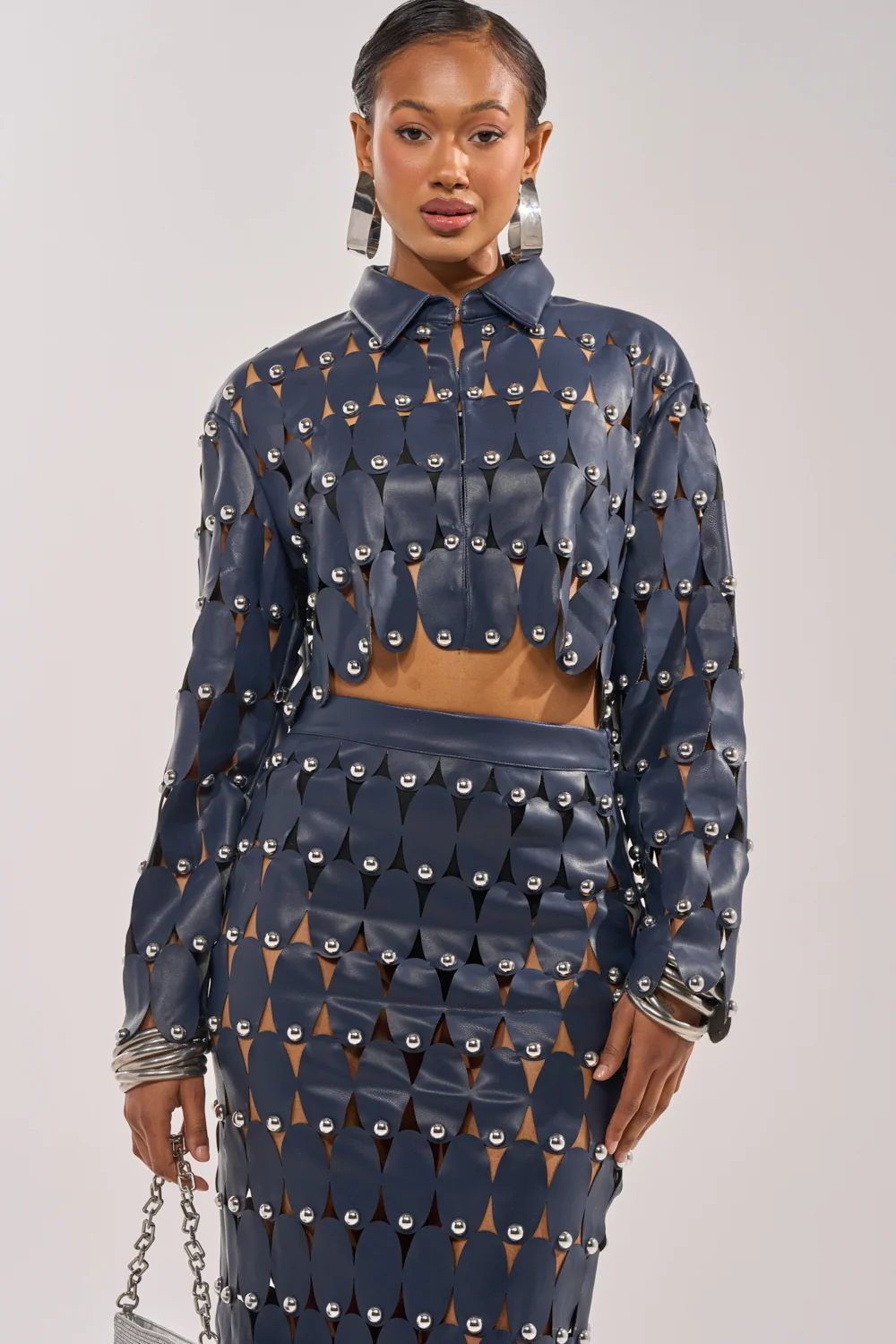THE SNEAK PEEK STUDDED PU CROP CARDIGAN IN NAVY - Akira Store