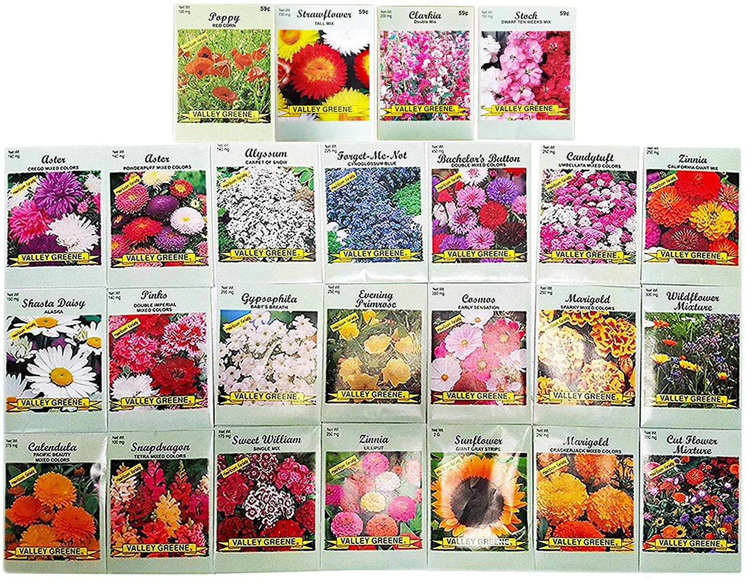 Set of 25 Flower Seed Packets Including 10 or More Varieties Forget Me Nots, Pinks, Marigolds,
