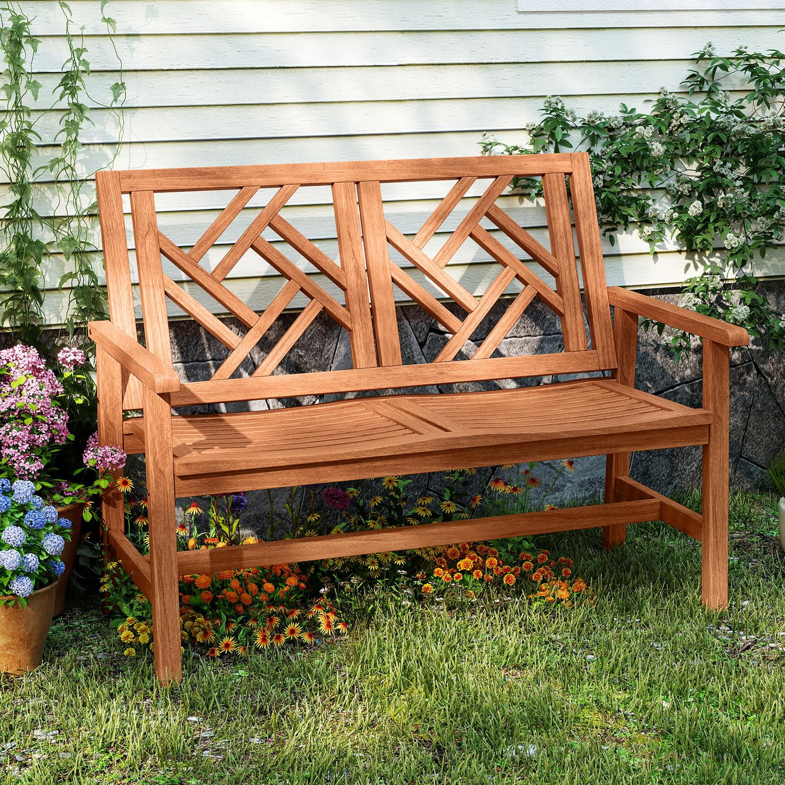 Tangkula Outdoor Bench Wood 2-Person Patio Loveseat Chair with Geometric Backrest