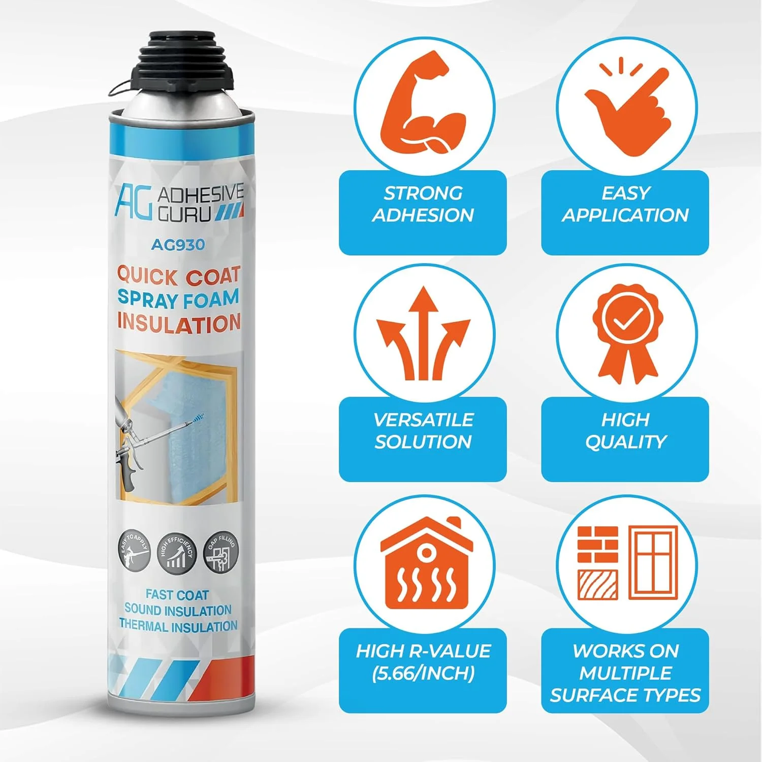 Adhesive Guru Spray Foam Insulation Kit (18 x 32.80 oz/930 Gr - 360 Board Feet), Self - Expanding Adhesive Foam, Closed Cell Heat Insulation & Acustic Spray with Cleaner and Dispensing Gun - 18 Pack