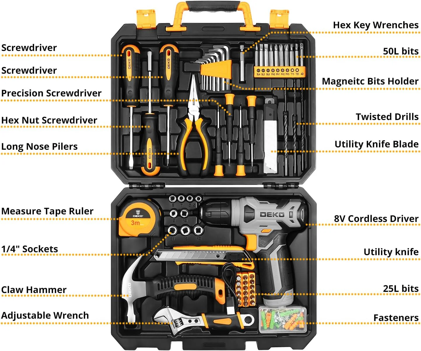 DEKOPRO Tool Set Tool Kit with 8V Cordless Drill,Tool Box with Drill,Hand Drill Set for Men & Women,Home Tool Kits for House Repair,Handyman,DIY 126 Piece