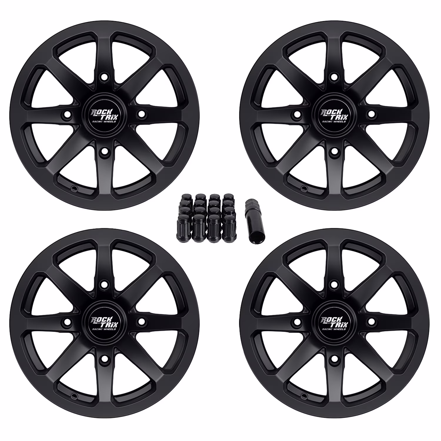 Rocktrix RT102 4pc 14in ATV Wheels 4x110 Rims 14x7, 5+2 Offset, Includes 10x1.25 Lug Nuts - Compatible with IRS Honda Kawasaki Yamaha Rubicon Rincon Brute Force Kodiak Grizzly Rhino 4/110 (Set of 4)