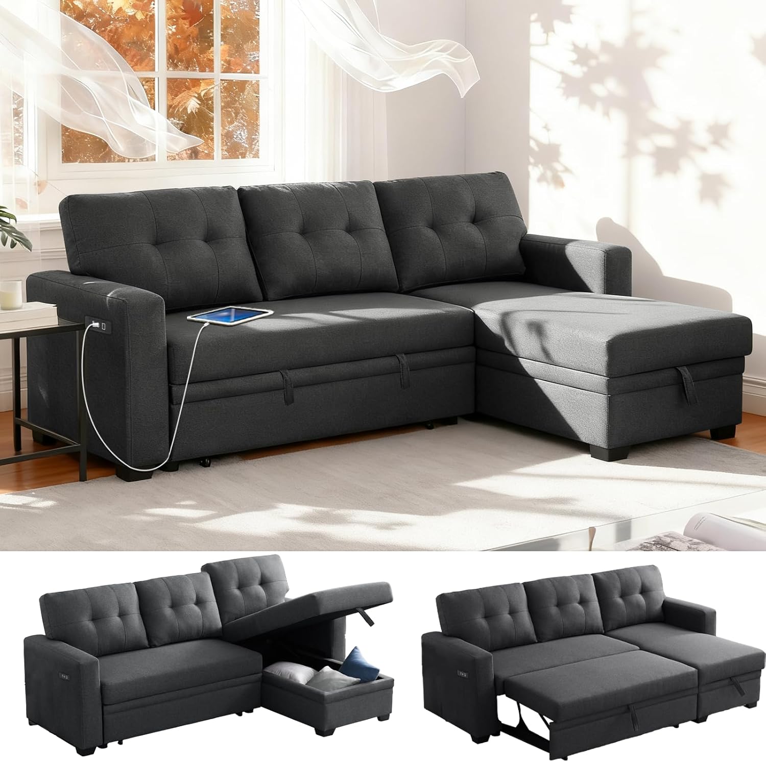 Dreamzie L Shaped Sectional Sleeper Sofa with Storage Chaise, 3 Seater Pull Out Couch for Living Room, Convertible Sofa Bed Couch with Charging Ports for Apartment, Office - Dark Grey | Linen