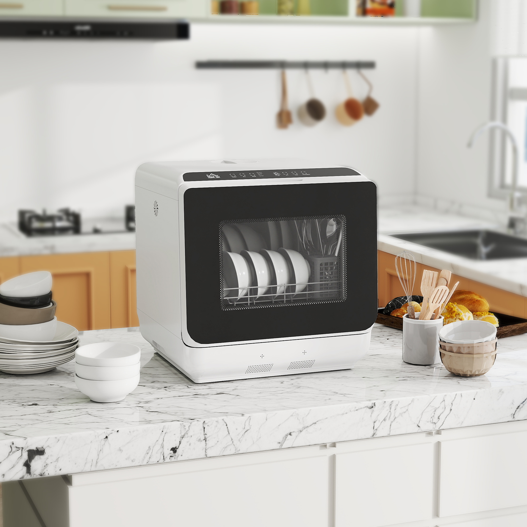 HOMCOM Tafelvaatwasser, Mini-Vaatwasser met 6-Liter-tank, 5 Programma's, LED-display, Droogfunctie, Wit