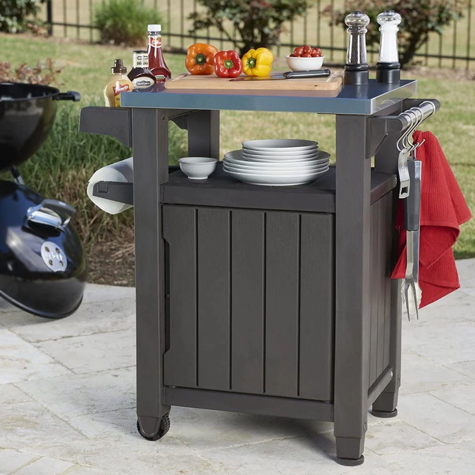 Unity 40 Gal Patio Storage Grilling Bar Cart w/Stainless Top, Brown(Brown) - Image 10