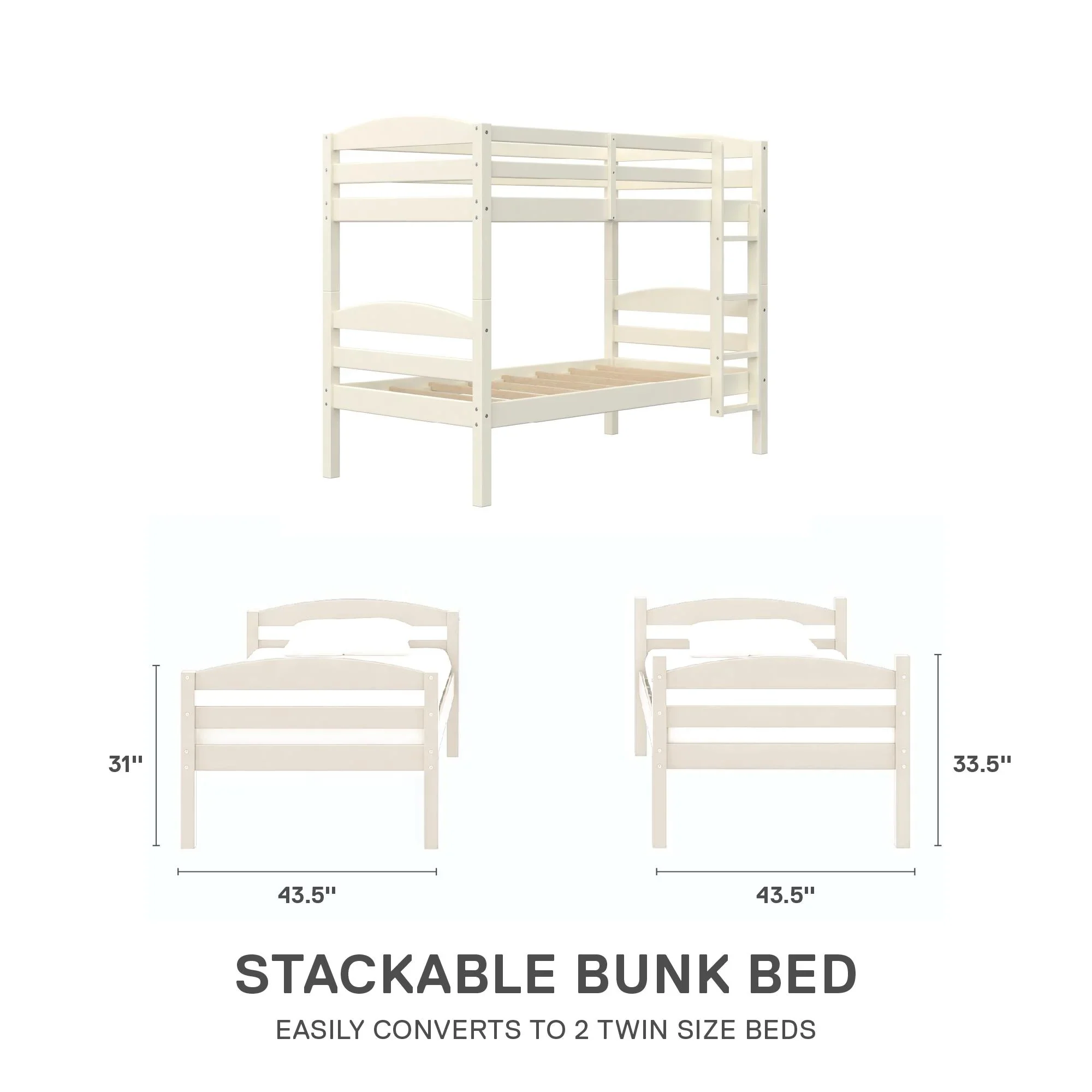 Better Homes & Gardens Leighton Solid Wood Twin-over-Twin Convertible Bunk Bed, Vanilla