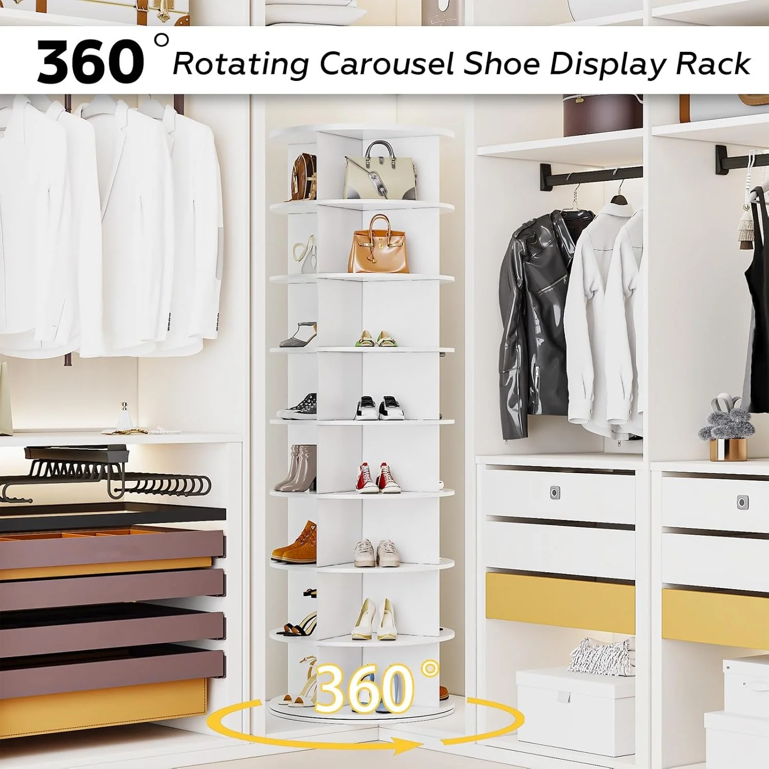 AECOJOY 8 Tier Rotating Shoe Rack Tower, Spinning Shoe Display Lazy Susan, Fits 32 Pairs of Shoes, White