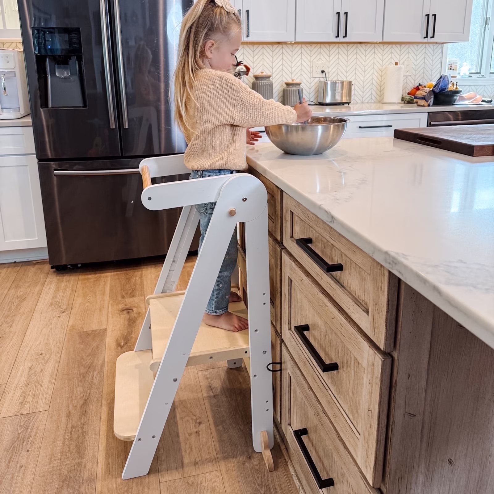 Foldable Toddler Kitchen Tower, Standing Tower for Kids Age 1.5-6 Years, White(White)