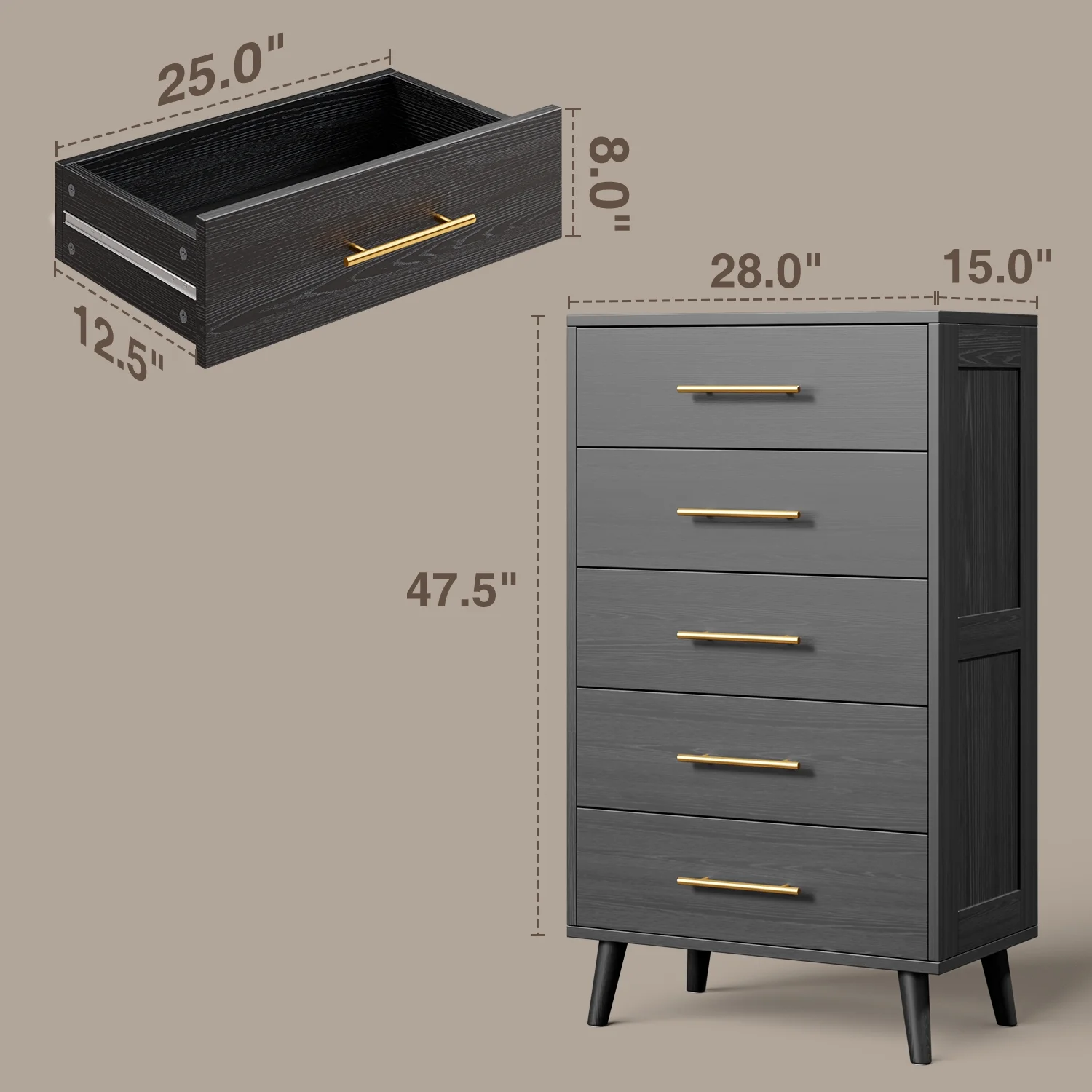 Bedroom Set - Includes Full Size Bed Frame (Dark Gray), Nightstands, 5 - Drawer Dresser & Double Wide 6 - Drawer Dresser - Modern Storage Solution for Stylish Home Decor, Black