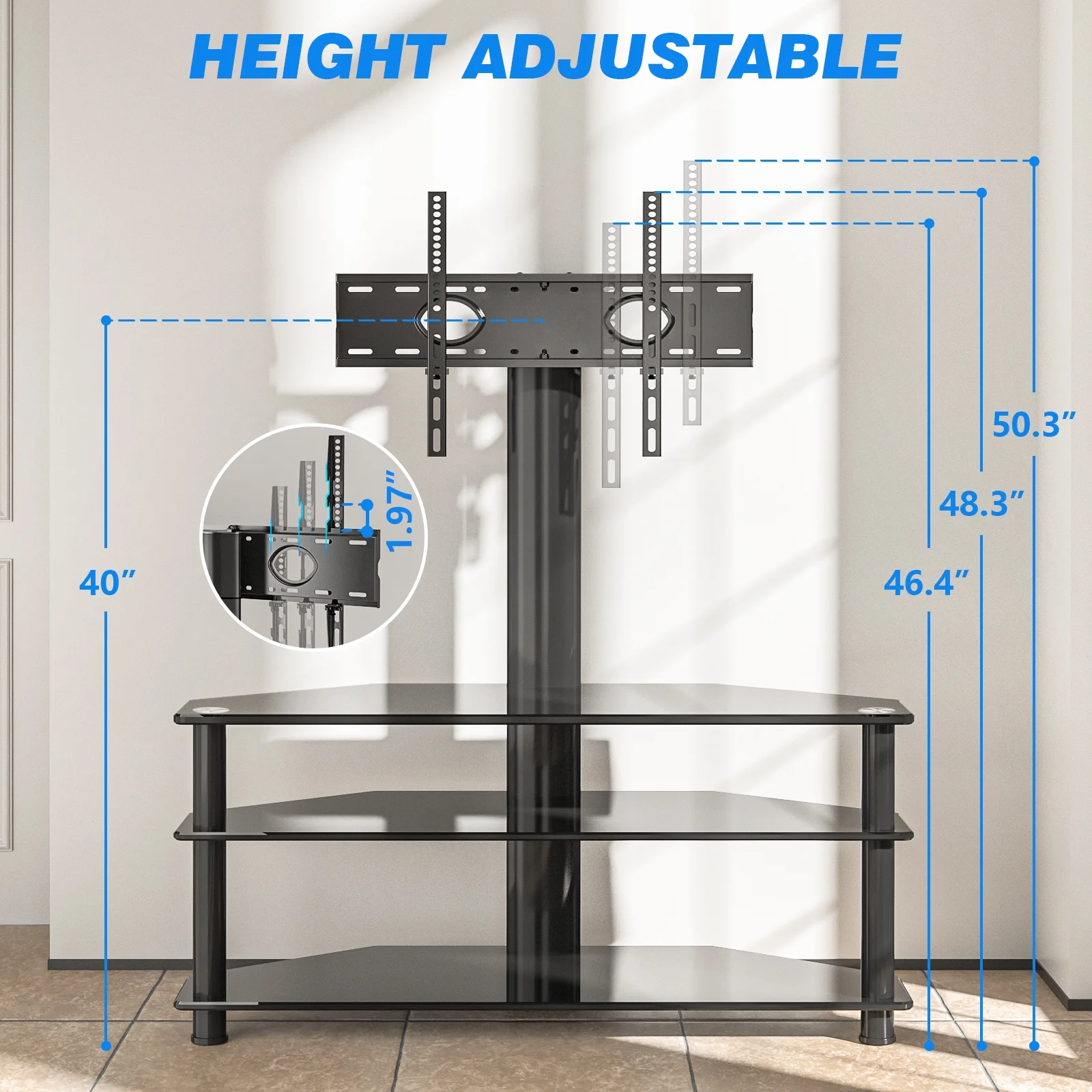 Modern 3 in 1 TV Stand with Mount for Flat Screens up to 65 inch, Black Glass Corner TV Stand for Bedroom(up to 70") - Image 4