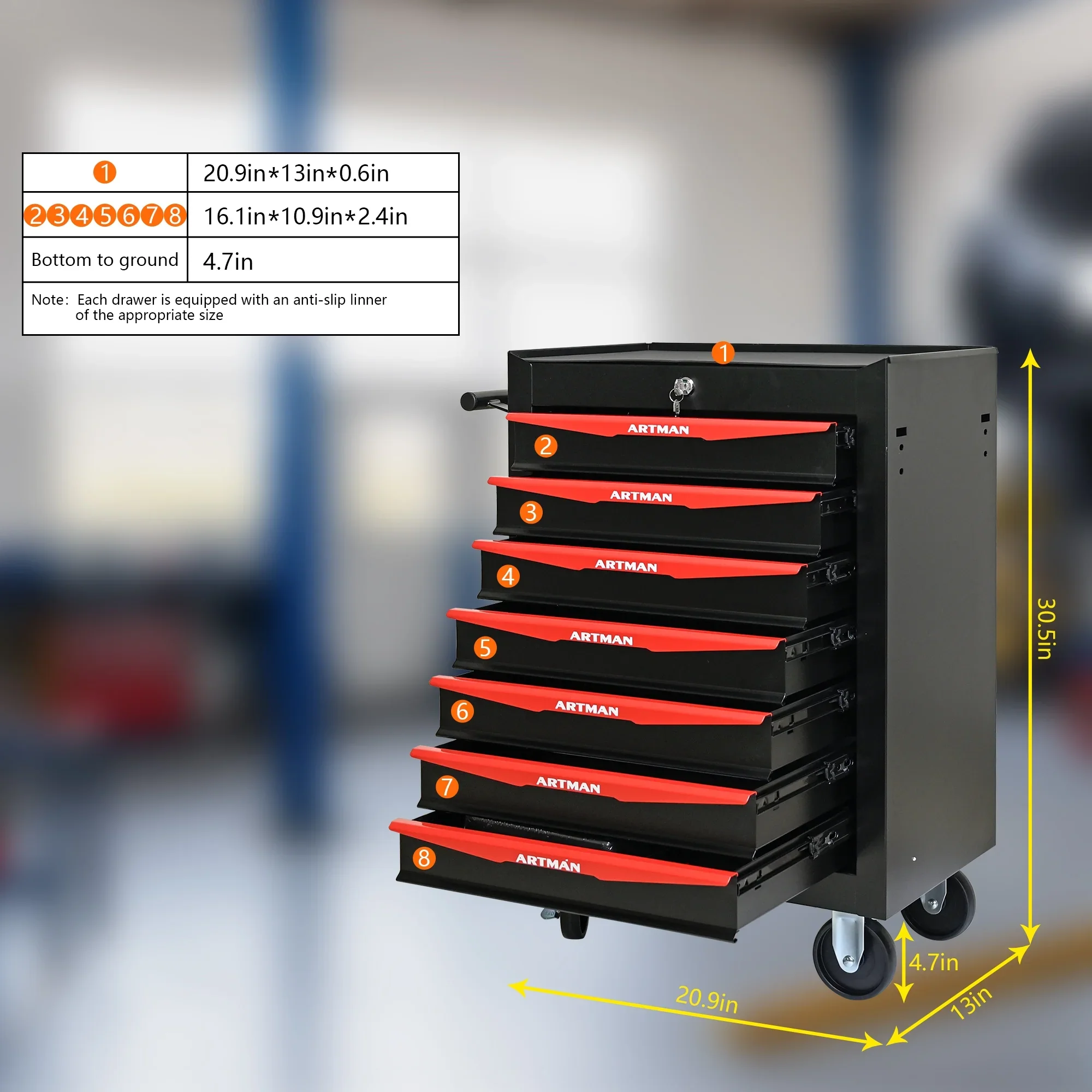 Witaxima 20 7-Drawer Rolling Metal Tool Chest, Black & Red