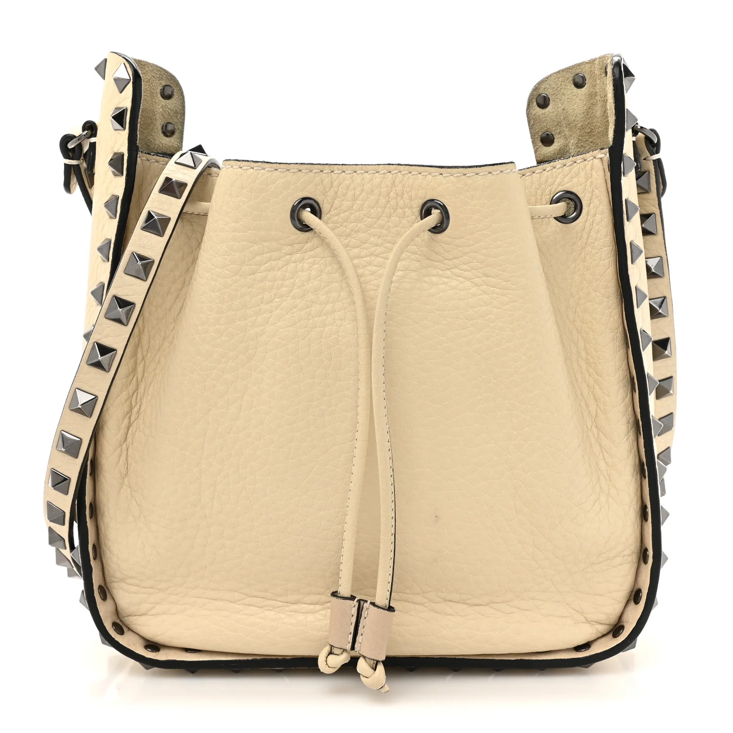Grained Calfskin Rockstud Bucket Bag Ivory