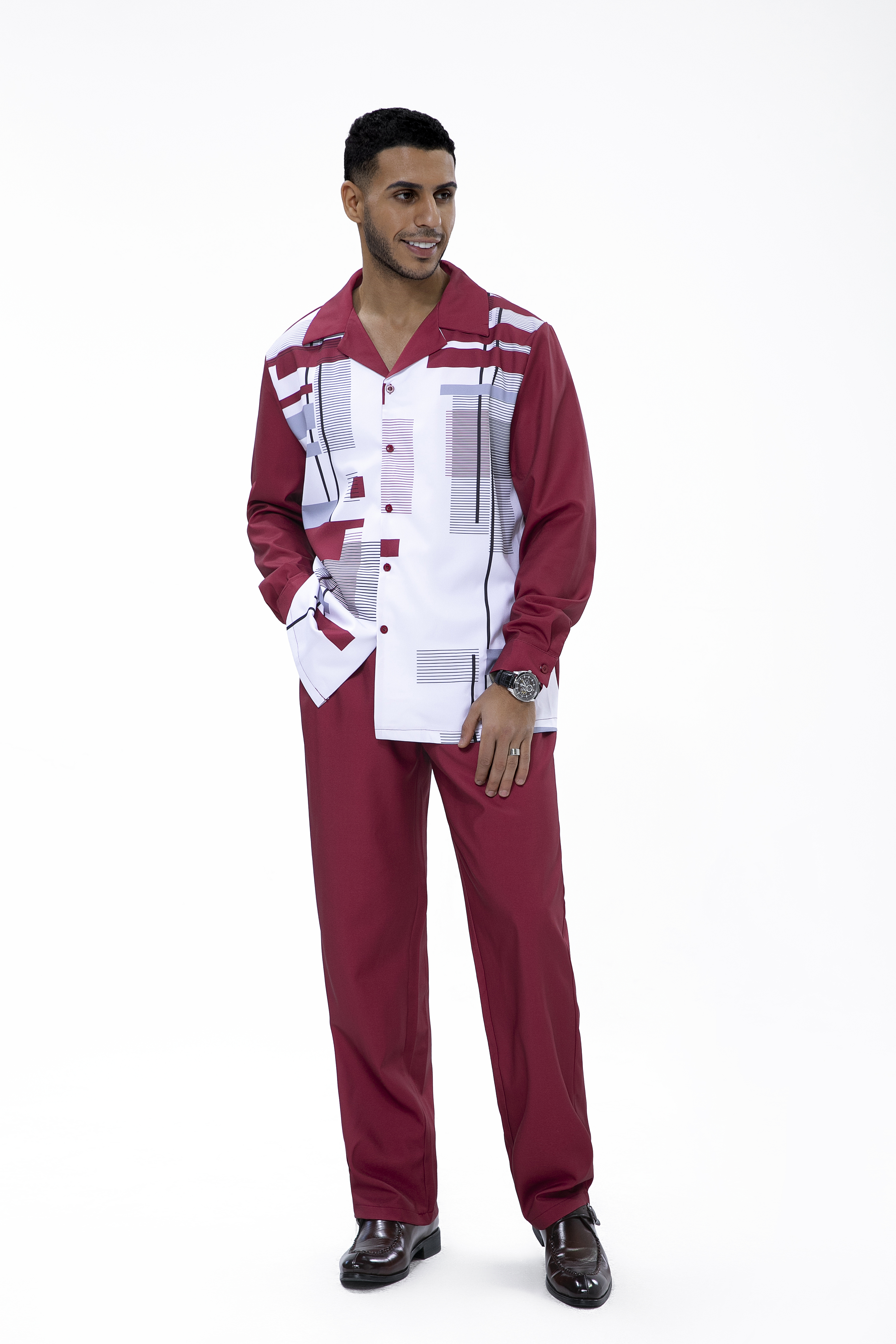 Ensemble de costume de marche 2 pièces à manches longues Suitmens bordeaux à imprimé géométrique