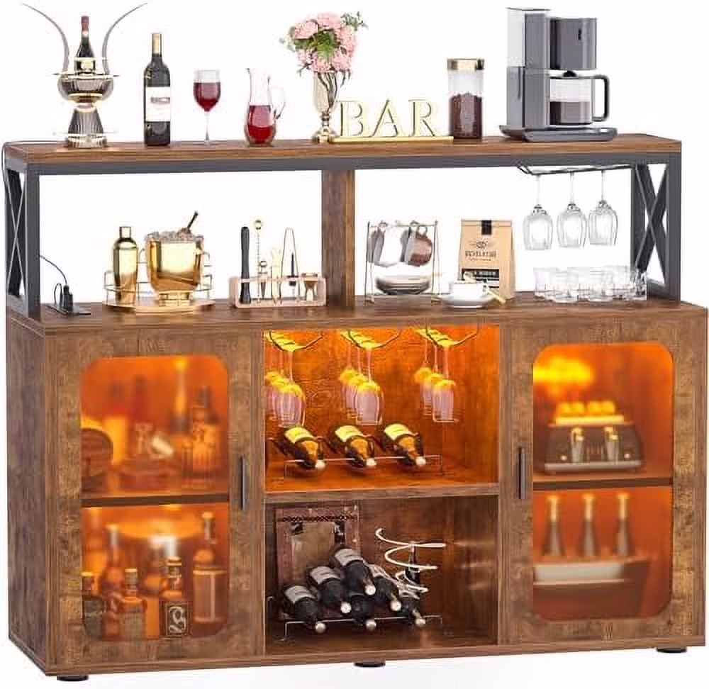 Bar Cabinet for Home, Wine Cabinet with Power Outlets, Led Lights and and Glass Holder, Liquor Cabinet with Storage, Racks for Home, Kitchen(Retro Gray) - Image 7
