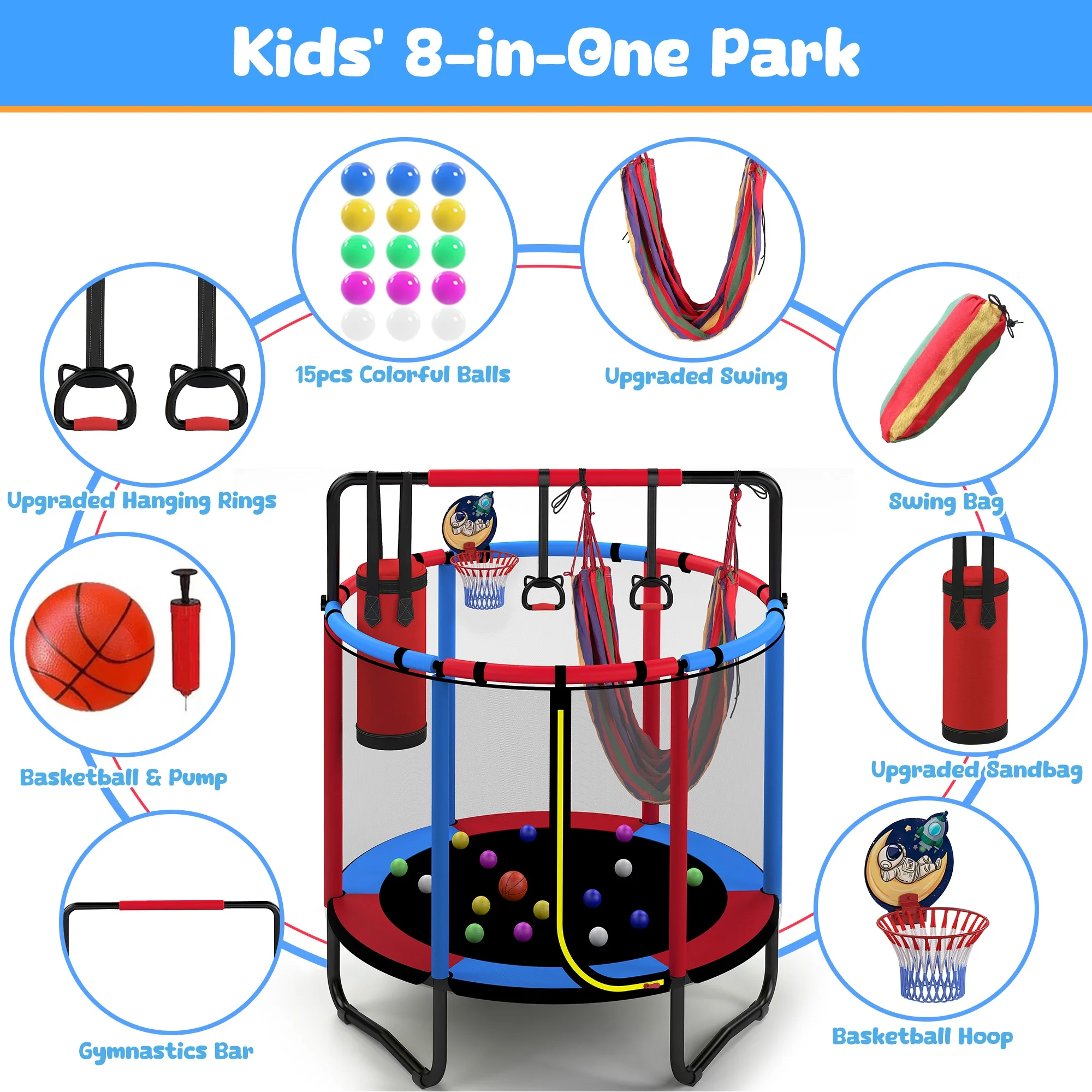 Mini Round Trampoline for Kids with Basketball Hoop, 55'' Indoor Outdoor Toddler Trampoline with Enclosure Net, Swing, Sandbag, Ring, Ocean Balls, Small Trampoline Gift for Boys Girls, Blue(Blue,Red) - Image 2