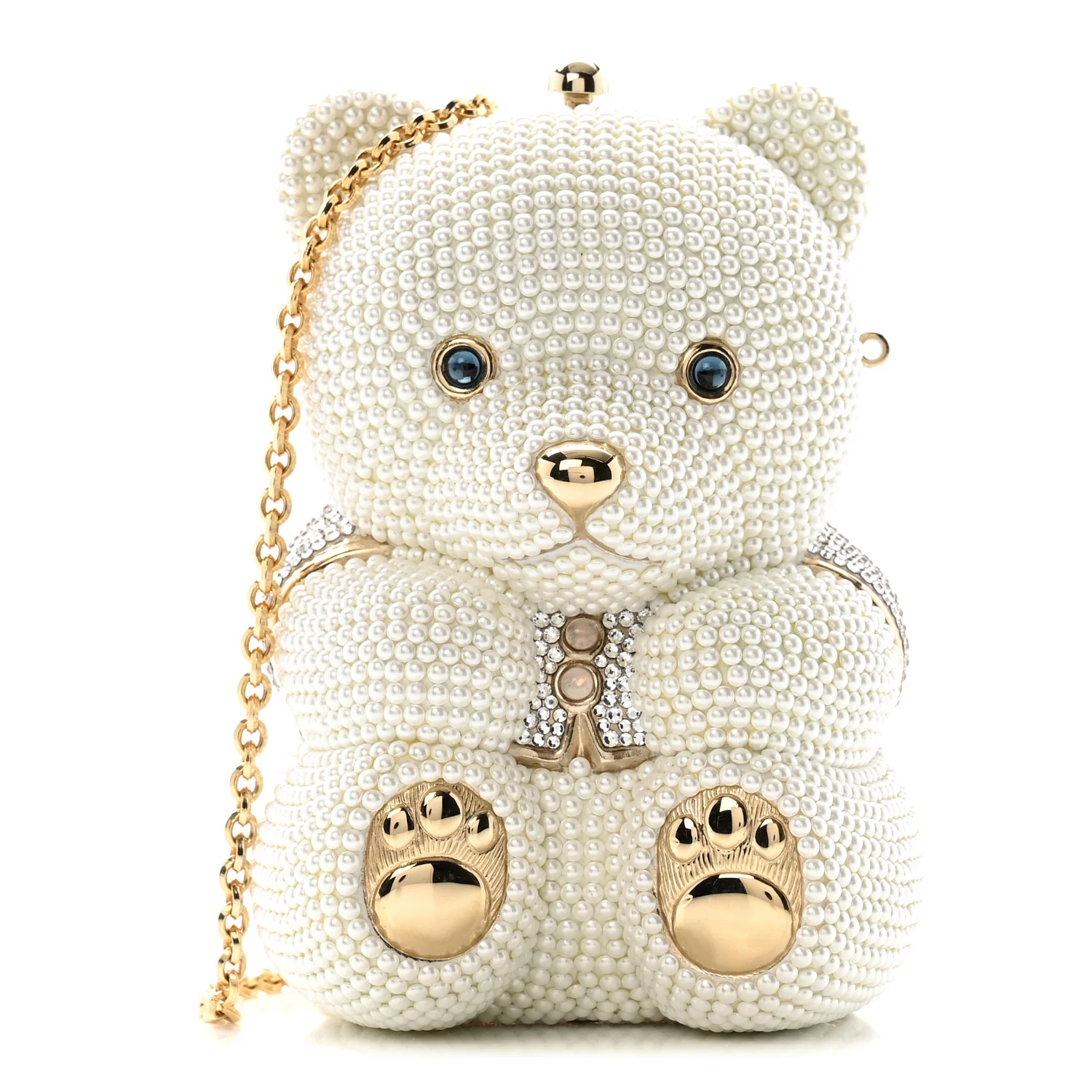 Pearl Crystal Sweetheart Bear Minaudiere Clutch White