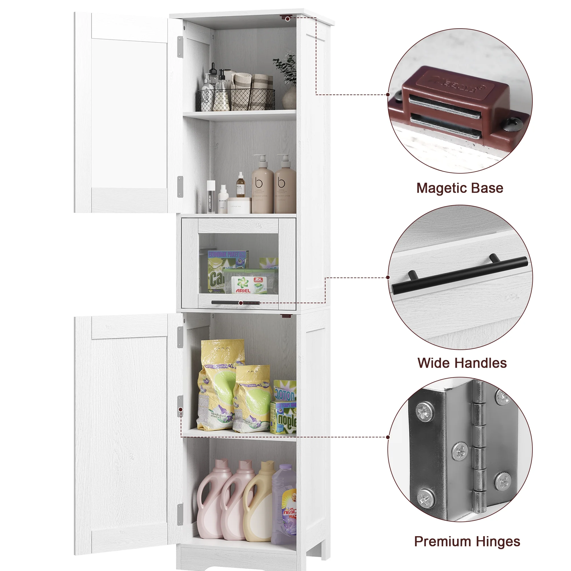 Bathroom Cabinet, Tall Storage Cabinet with Doors and Adjustable Shelf, Freestanding Floor Pantry Cabinet for Kitchen, Living Room, Laundry Room, Home Office(Single row/white) - Image 4