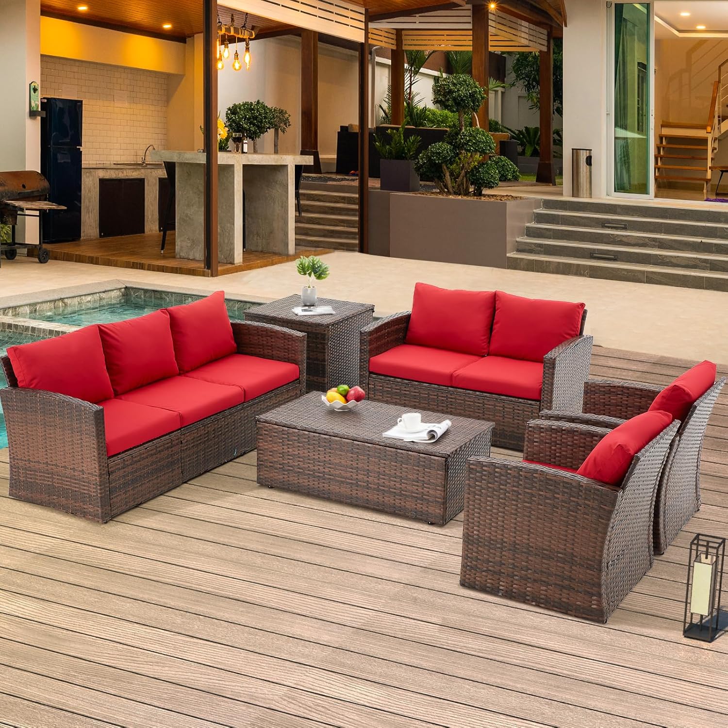 AECOJOY 7 PCS Outdoor Patio Furniture Sets with 2 Storage Boxes, Red