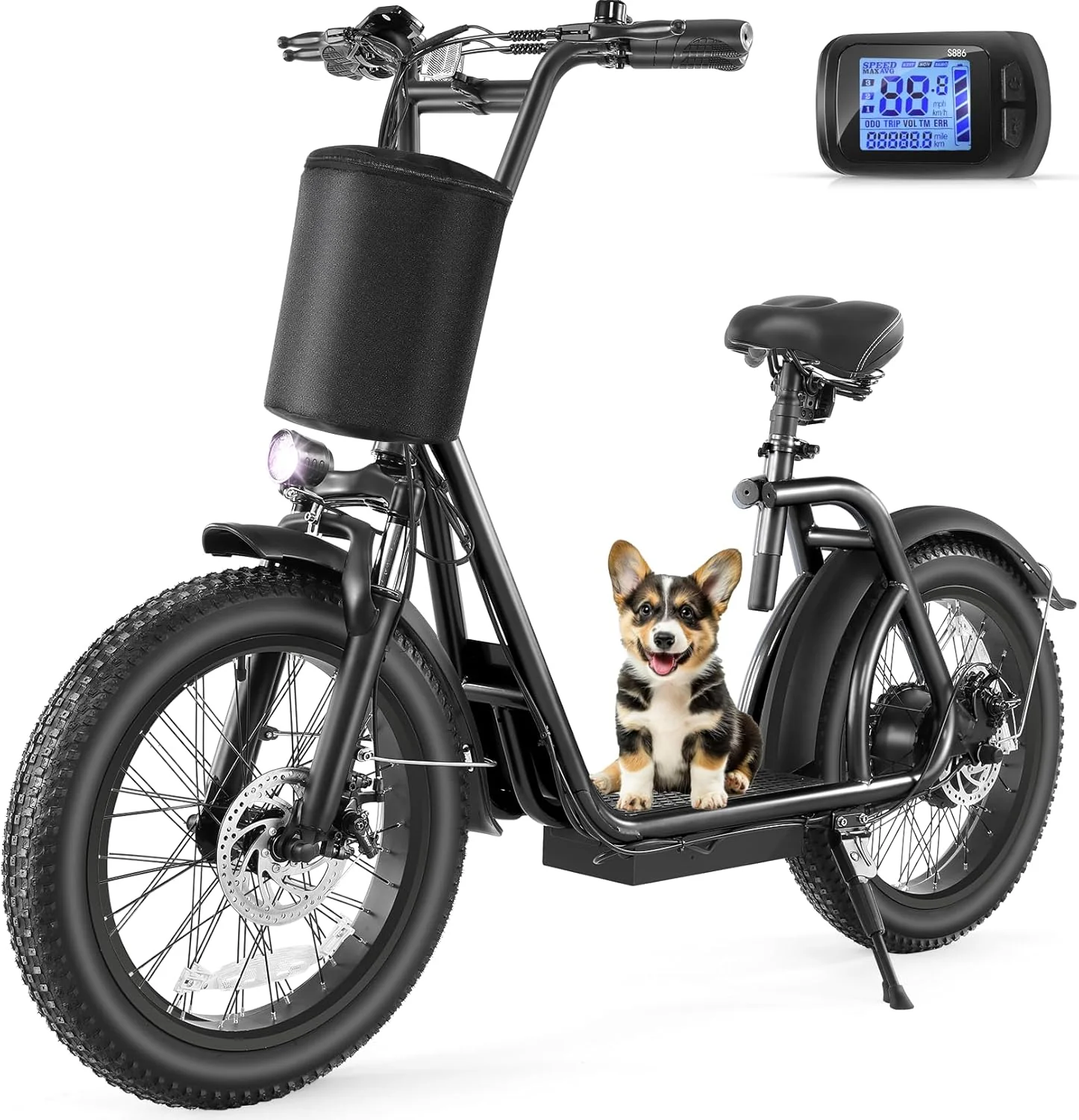 Trottinette électrique pliable Caroma Peak 800W pour adultes, avec pneus de 20 pouces de large, batterie 48V, panier et siège réglable.