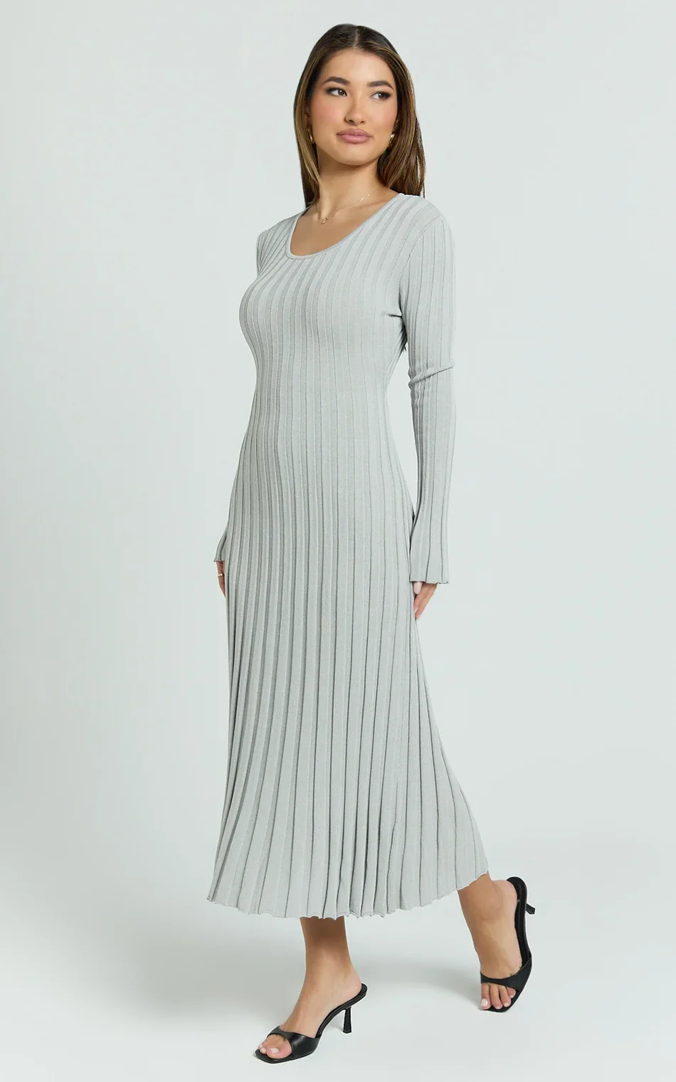 Blaire Midi Dress - Long Sleeve Tie Back Flare Dress in Grey Marle