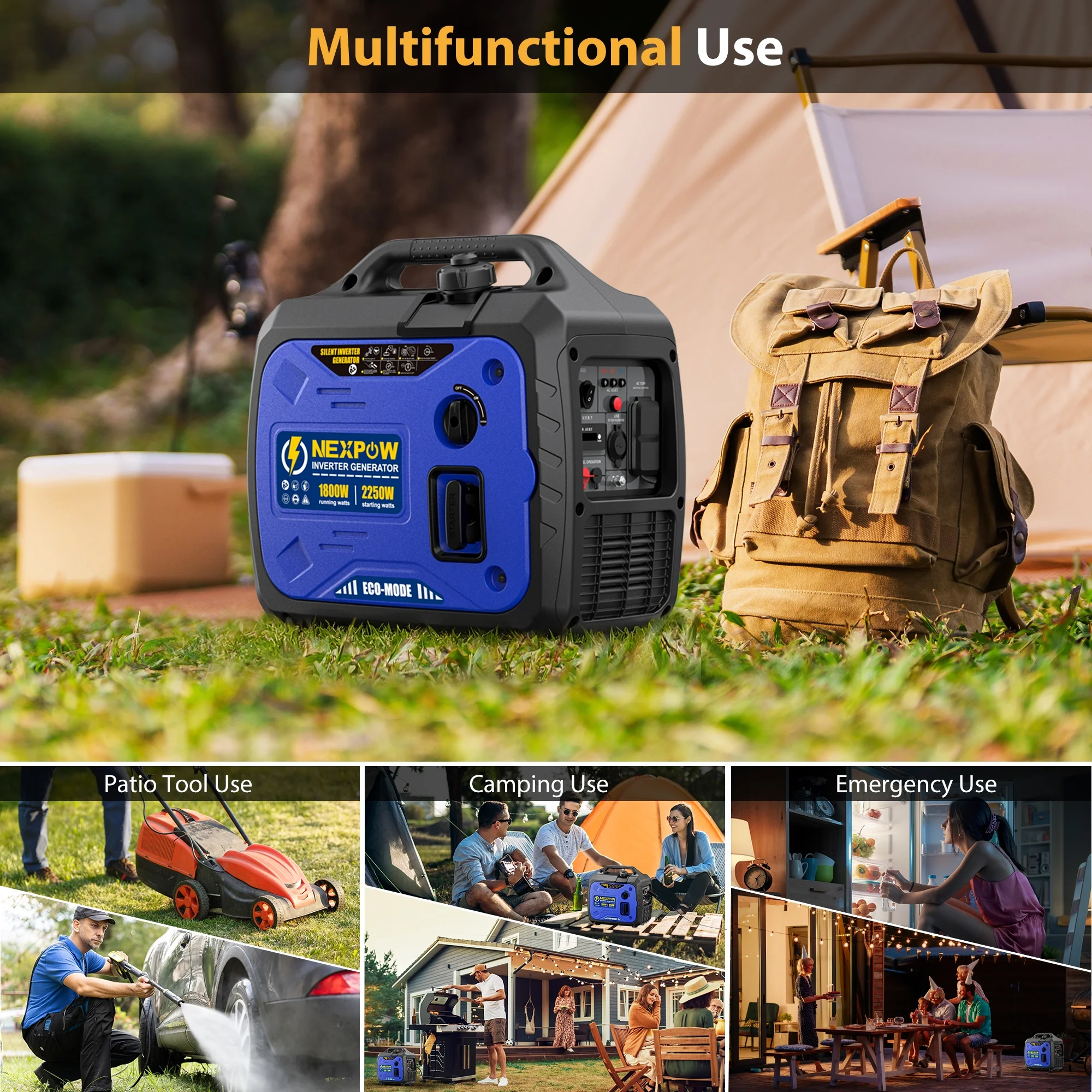2250W Portable Inverter Generator, Gasoline Power Quiet Lightweight for Backup Home Camping, Eco-Mode Feature, Parallel Capability, EPA Compliant(2250 W) - Image 4