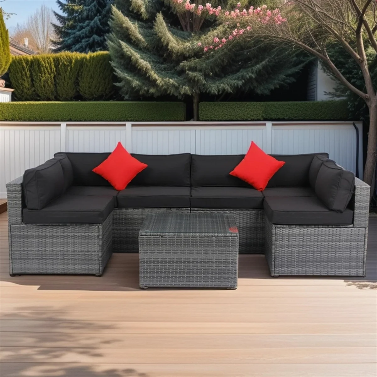 7 Piece Patio Furniture Sets Outdoor Sectional PE Rattan Outdoor Furniture Patio Conversation Set with Cushions and Glass Coffee Table, for Balcony Lawn and Garden, Gray(7pcs#Gray) - Image 2