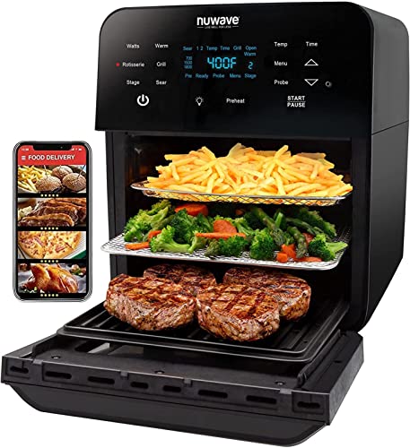 Air Fryer Oven, 15.5Qt X Large Family Size, SS Rotisserie Basket &Skewer Kit, Reversible Ultra Non Stick Grill/Griddle Plate, Powerful 1800W, Integrated Smart Thermometer,Black