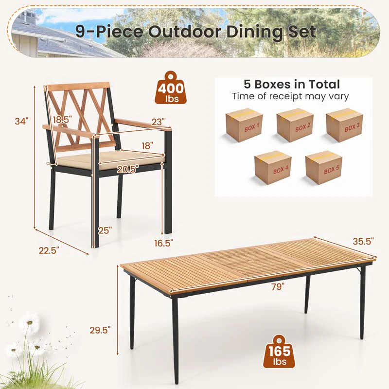 9-Piece Acacia Wood Patio Dining Furniture Set, 79