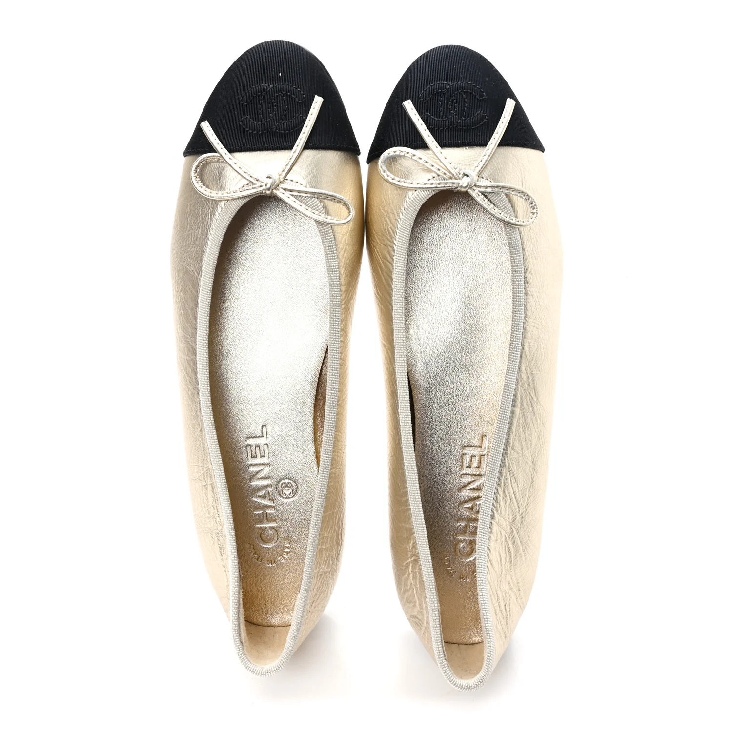 Metallic Laminated Lambskin Grosgrain CC Cap Toe Ballerina Flats 39 Light Gold Black