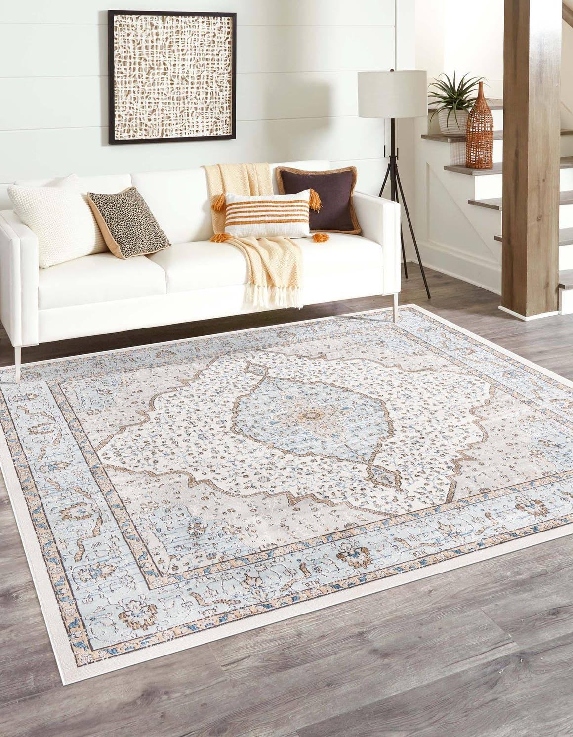 Unique Loom Nyla 10 ft Square Blue Floral Area Rug