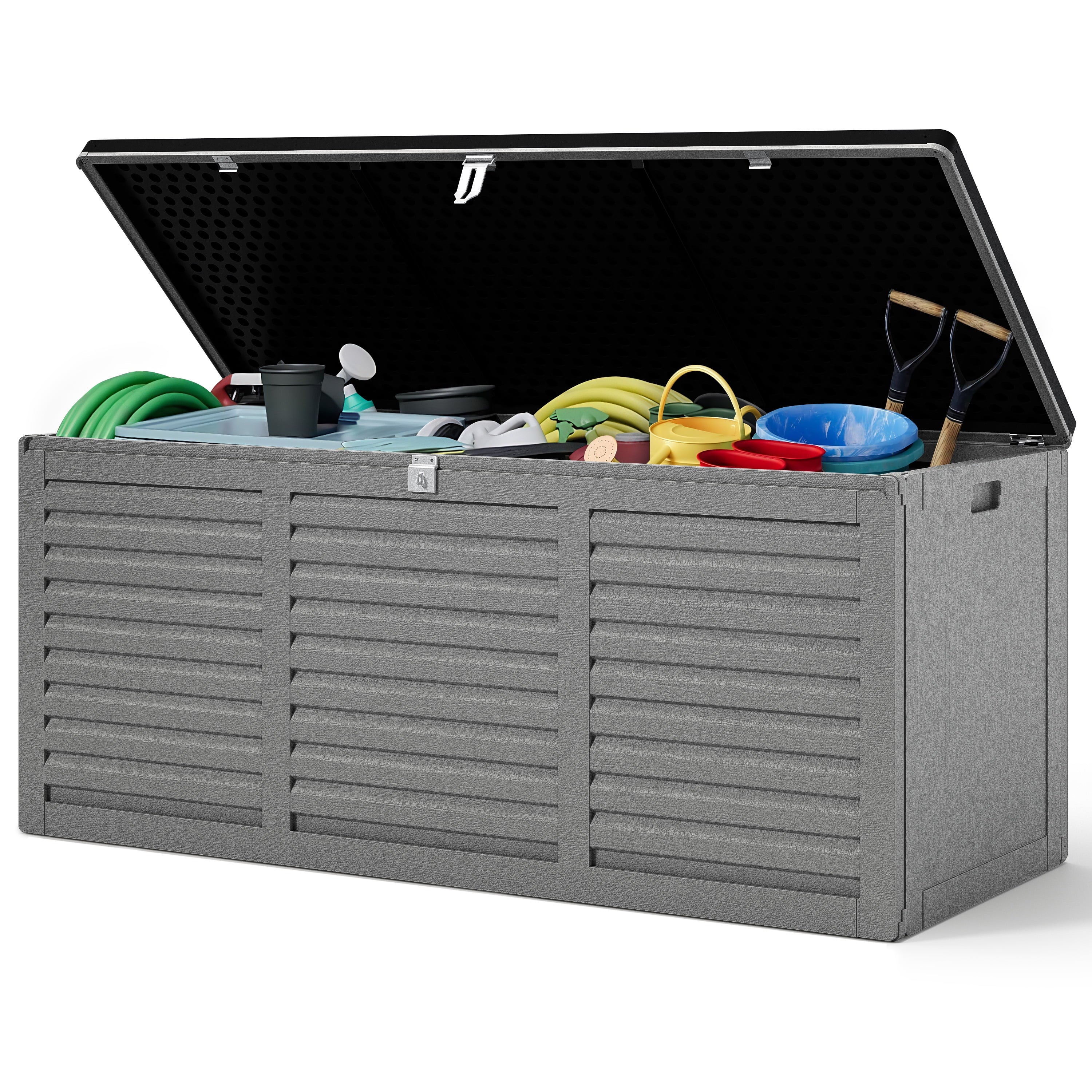 130 Gallon Resin Deck Box, Outdoor Lockable Storage Container for Patio Cushions, Garden Tools, Pool Supplies, Toys, Waterproof and UV Resistant, Reinforced Rib Design, Gray