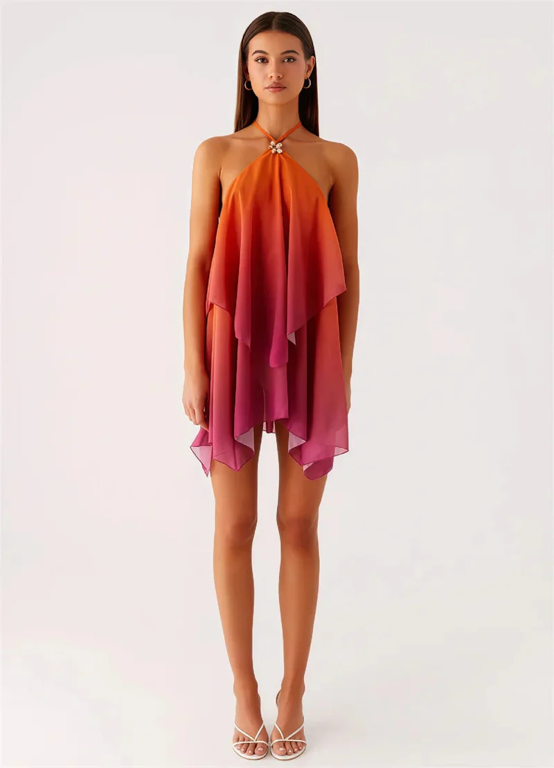 Robe courte à volants dégradé rose