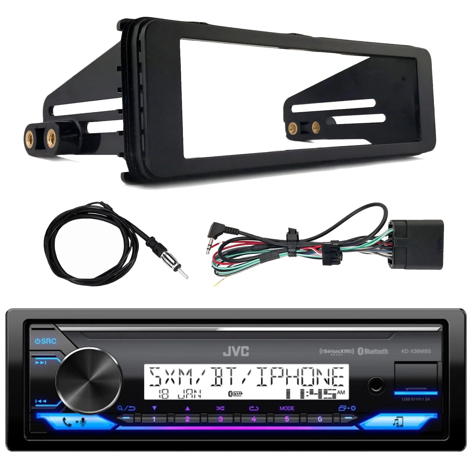 JVC KD-X38MBS Single DIN Marine MotorSports Bluetooth USB AUX LED AM/FM Radio Stereo SiriusXM Ready Amazon Alexa Receiver, Enrock Harley Davidson Single-DIN Stereo Installation Kit Fits, Antenna JVC KD-X38MBS Single DIN Marine MotorSports Bluetooth USB AUX LED AM/FM Radio Stereo SiriusXM Ready Amazon Alexa Receiver, Enrock Harley Davidson Single-DIN Stereo Installation Kit Fits, Antenna