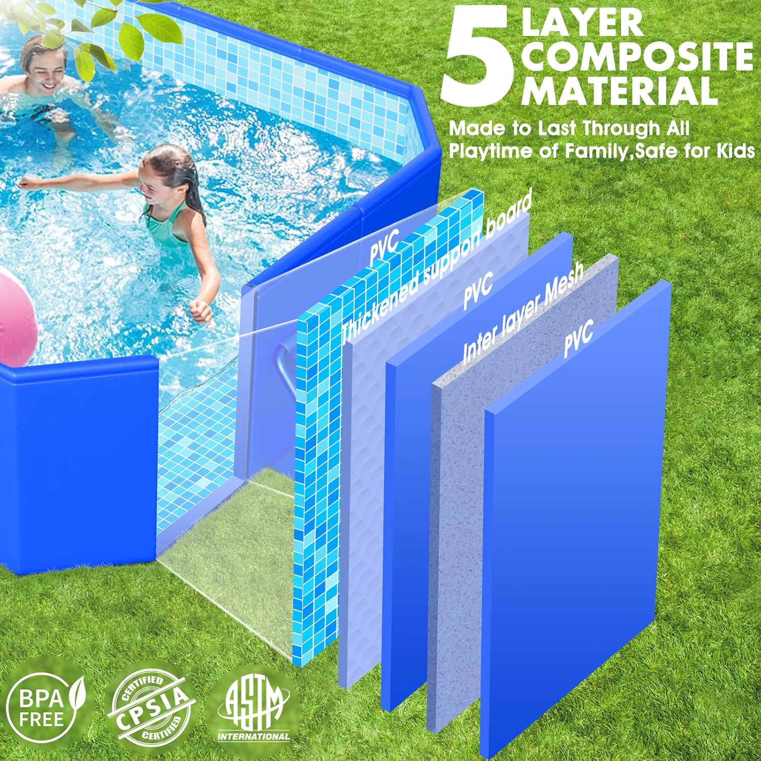 Piscine pliable, grande piscine non gonflable pour enfants, piscine pliable pour adultes, coque rigide en plastique épais, grande taille, piscine pliable portable pour enfants pour jardin - Motif mosaïque - 226 x 122 x 51 cm