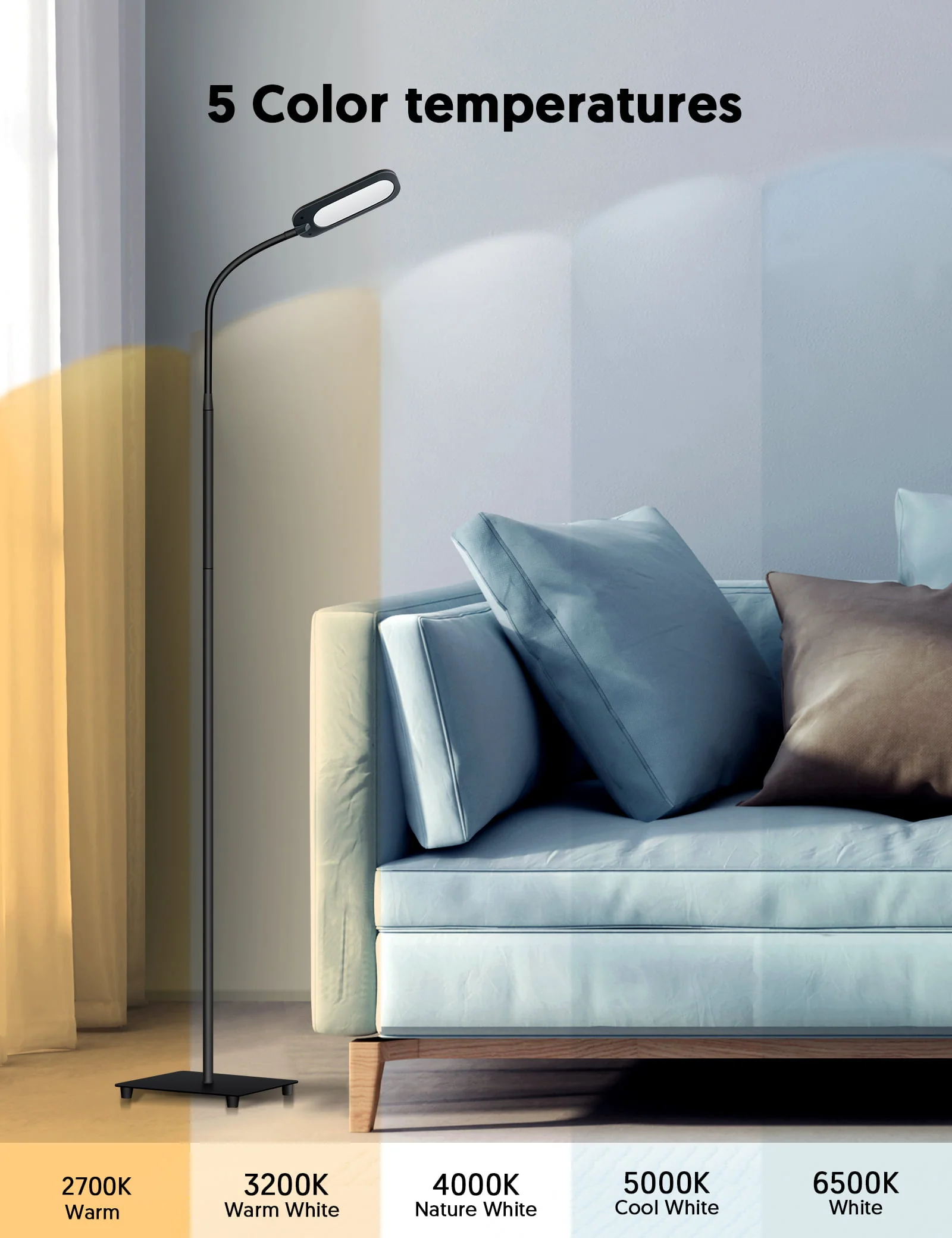 TECKIN Floor Lamp, Dimmable Black Lamp with 5 Color 4 Brightness and Adjustable Gooseneck Image 2