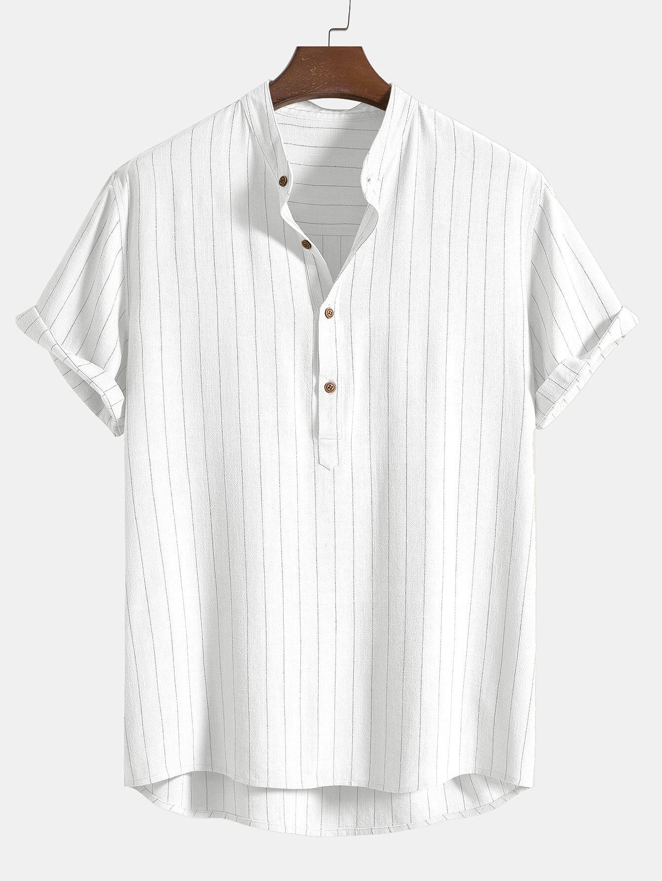 Chemise à rayures en lin mélangé, col Henley à patte de boutonnage semi-ouverte