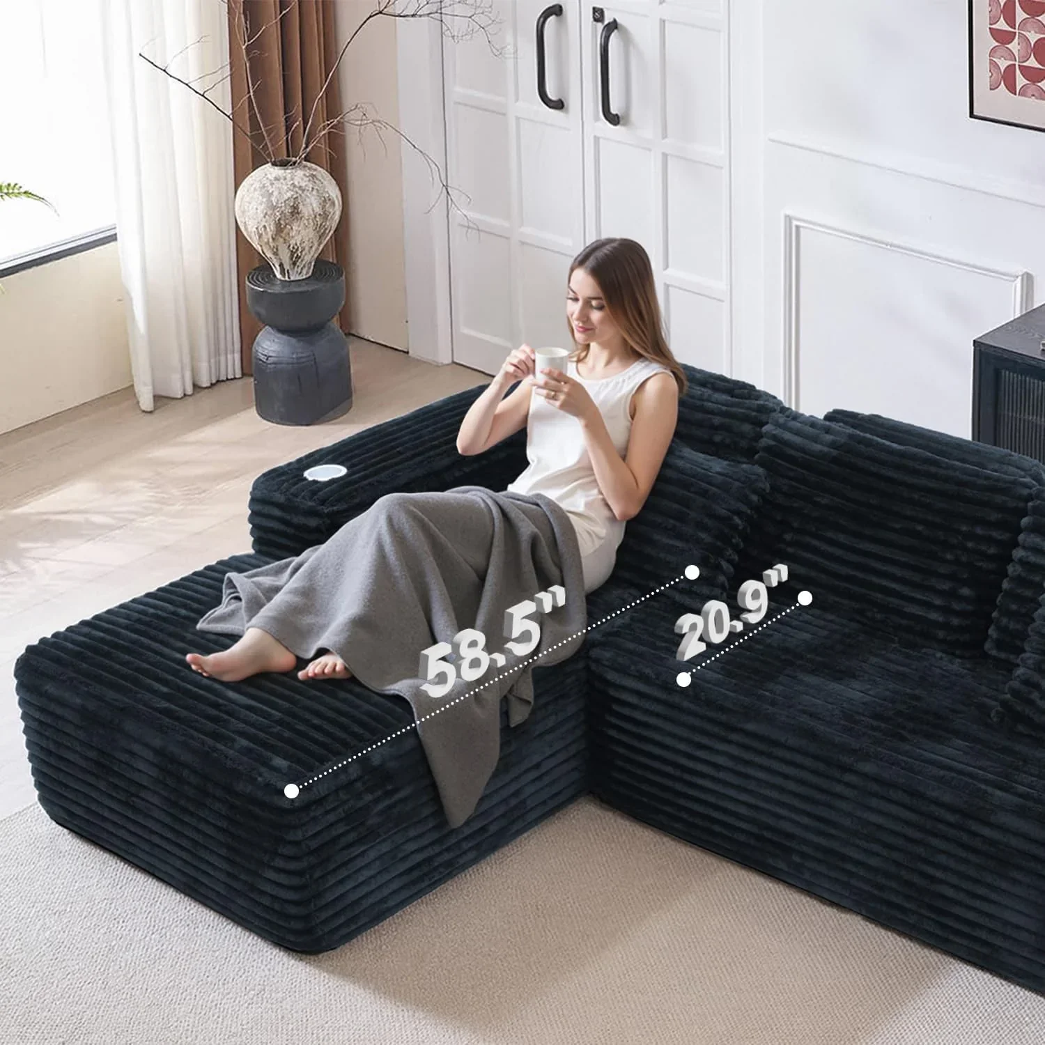 Canapé d'angle Cloud avec fauteuil inclinable en L et porte-gobelet intégré