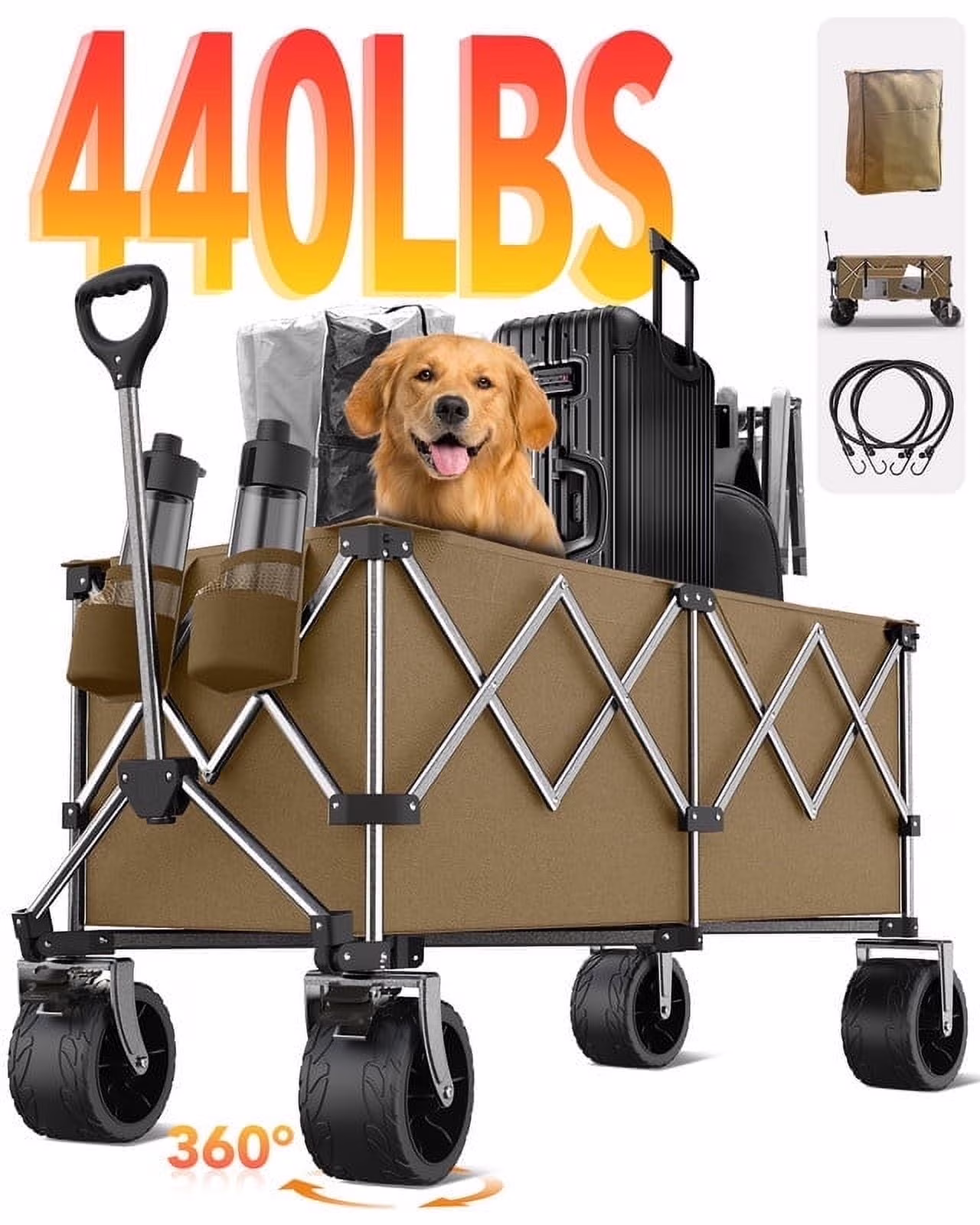 Collapsible Wagon, 440LBS Heavy Duty Wagon Carts Foldable with Side Pocket and Brakes, 66 Gallon Large Capacity Foldable Wagon-gray(Gray) - Image 3