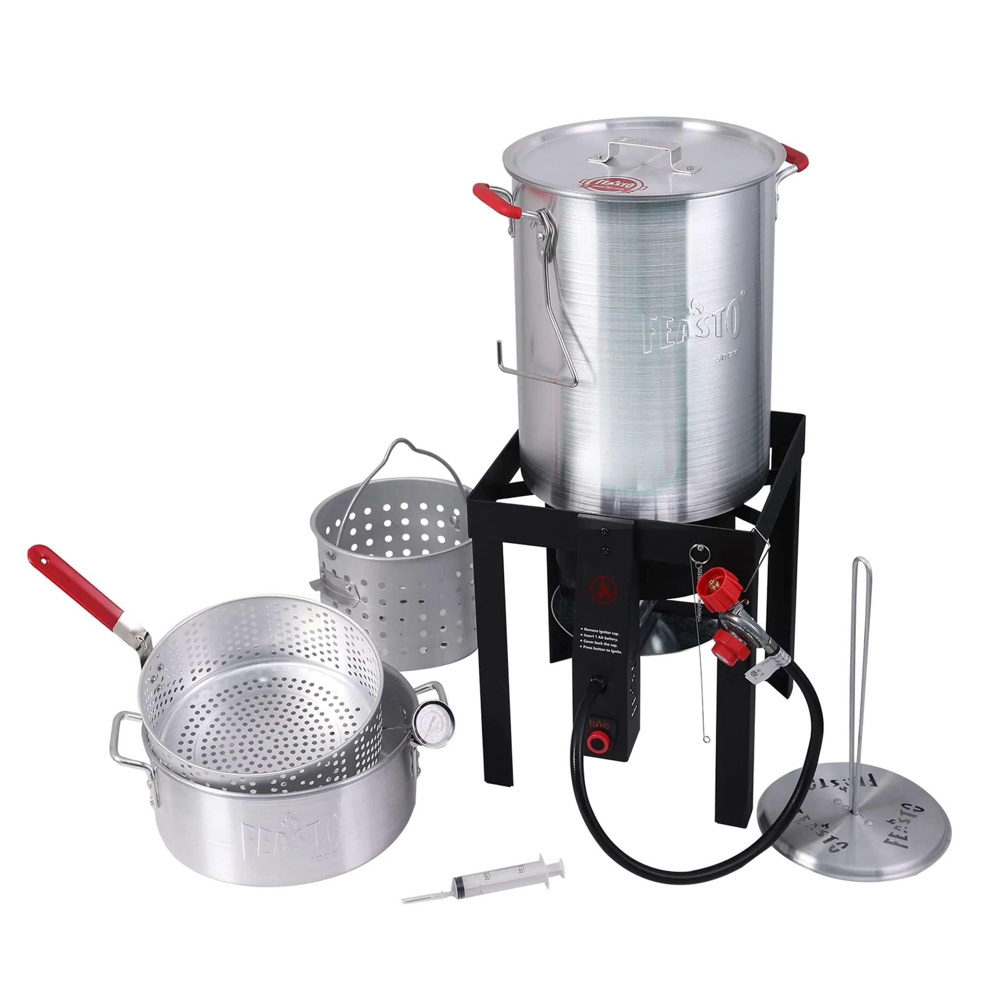 FEASTO Turkey Fryer and Fish Boiler Set with 30 Qt and 10 Qt Aluminum Pots Set, Auto Ignition, 55000BTU Propane Burner for Outdoor Cooking