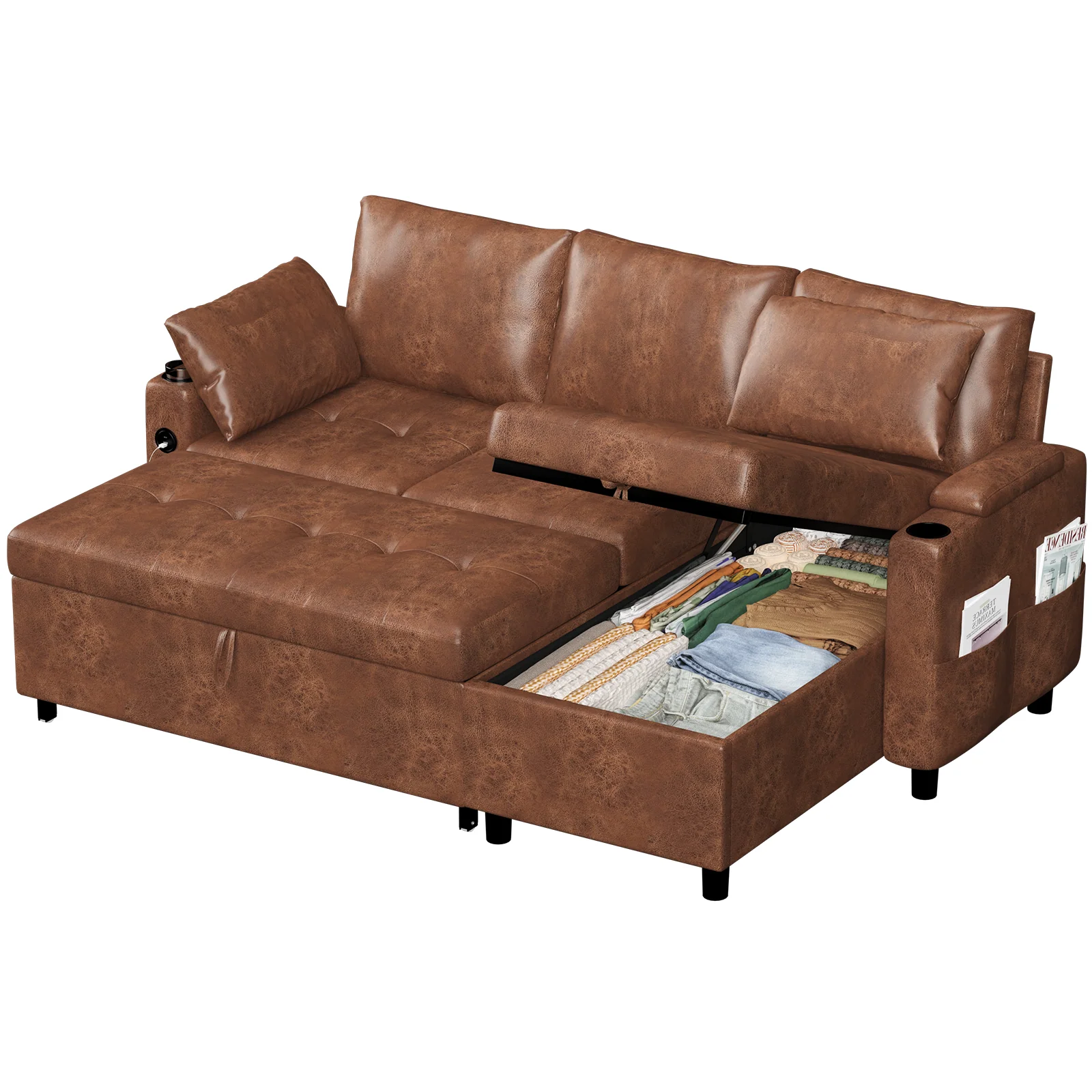 AECOJOY Sleeper Sofa Couch with Pullout Bed, Faux Leather, Brown