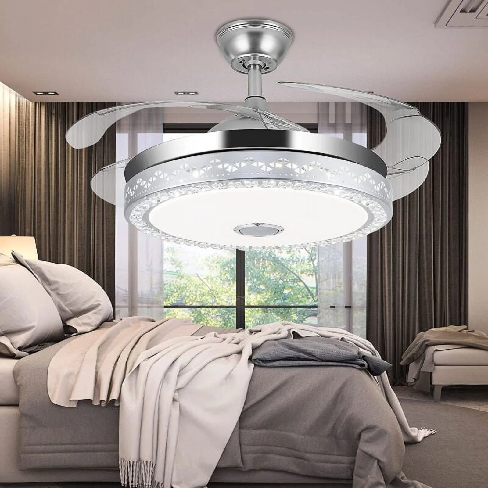 42"Invisible Chandelier Ceiling Fan with Light and Bluetooth Speaker,Modern 3 Color Change Crystal Ceiling Fan Light with Remote Control 4 Retractable ABS Blades