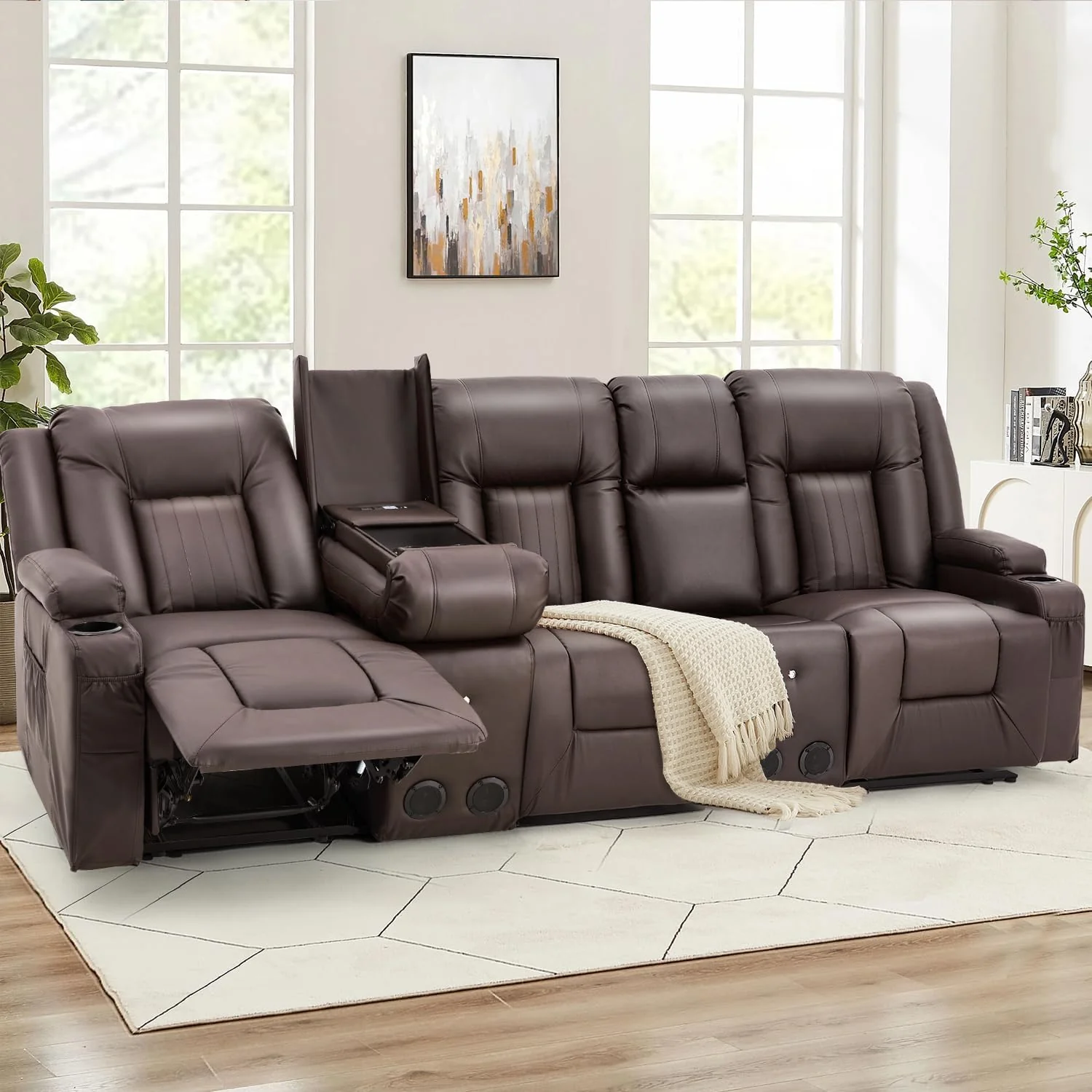 AECOJOY 3 Seater Recliner Sofa with 2 Console&Bluetooth Speakers, Brown