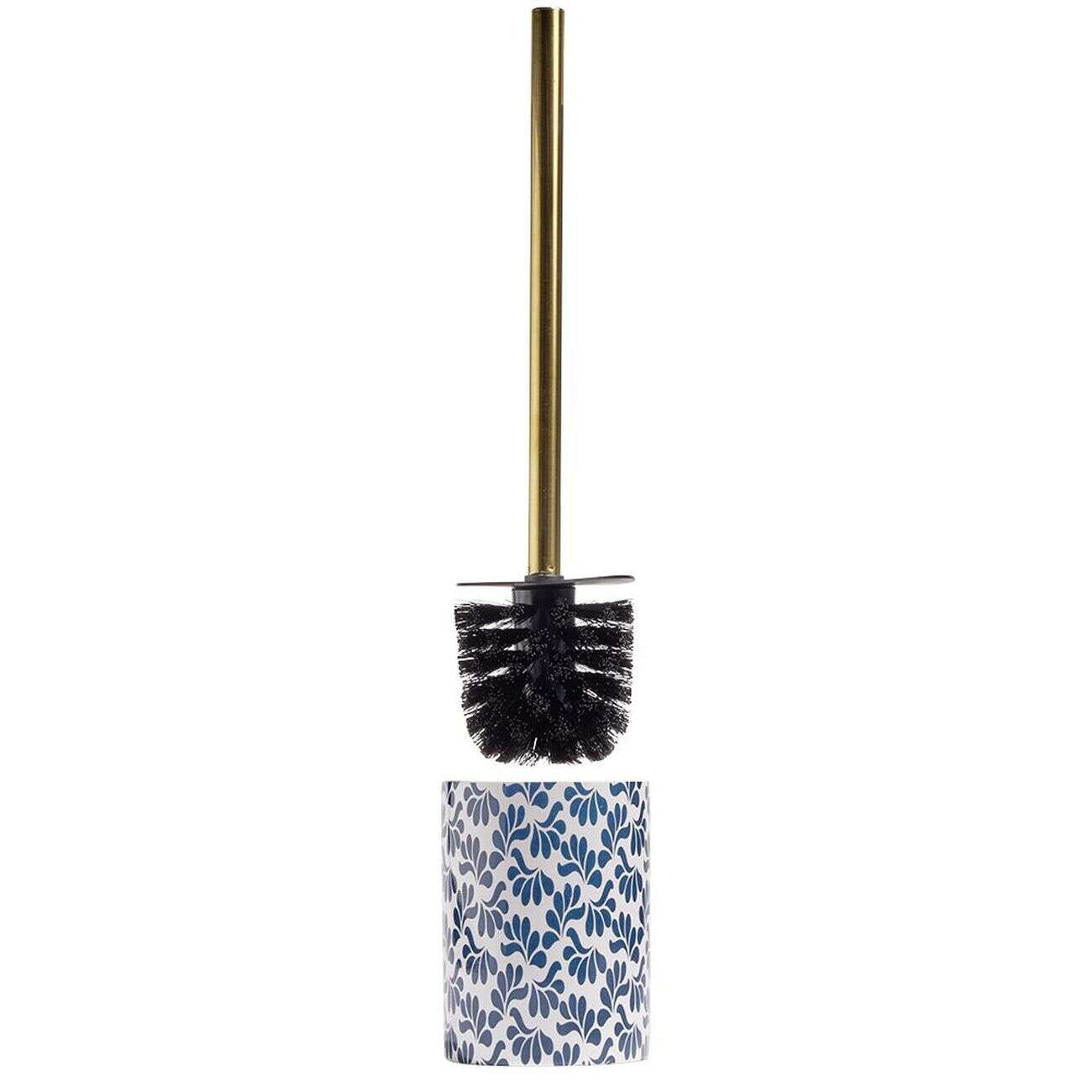 Brosse WC manche doré socle grès motif floral bleu et blanc Ø9,2xH36cm