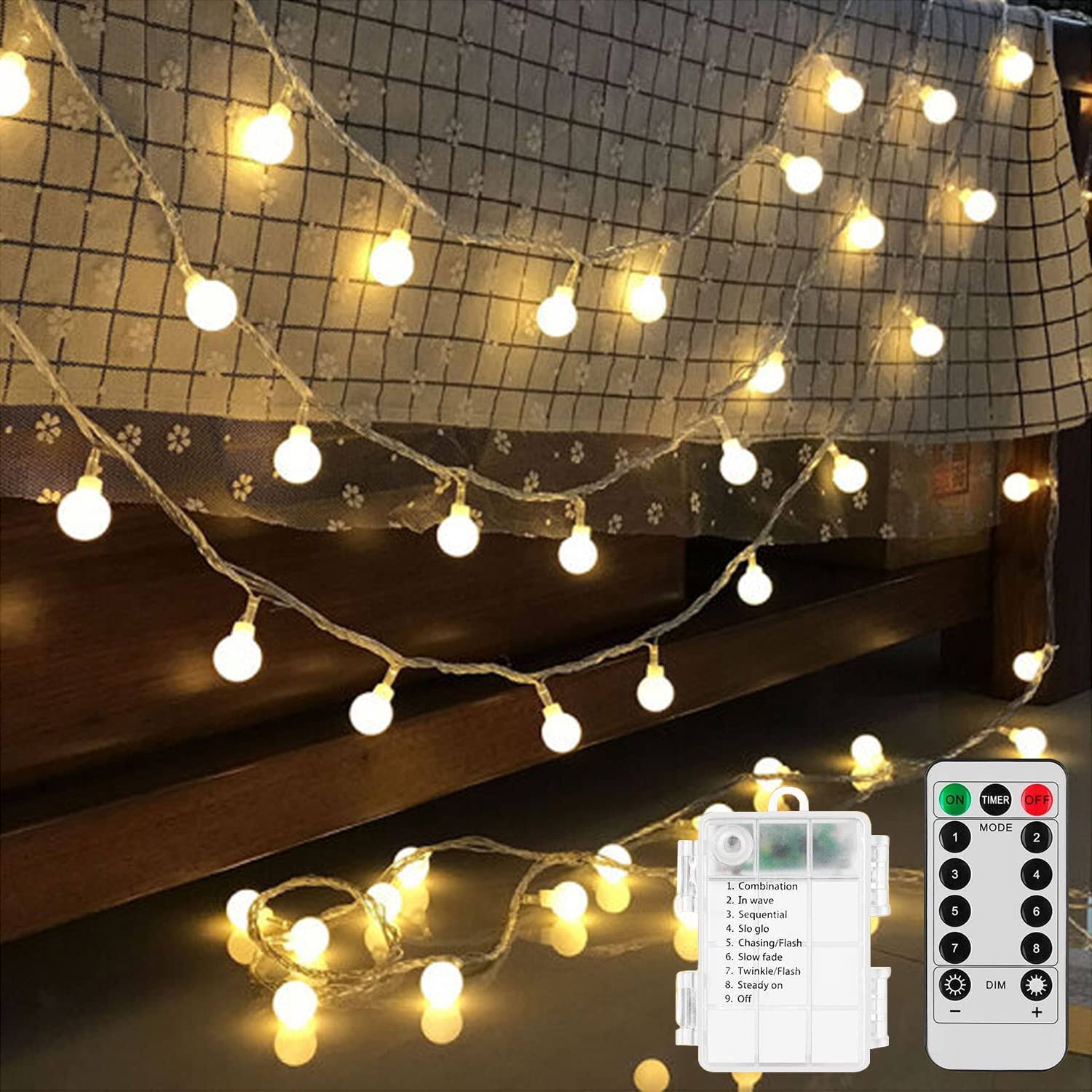 Battery Operated LED Globe String Lights, 2-Pack Total 52ft 120LEDs - Each 26ft 60LEDs 8 Mode Waterproof Christmas Fairy String Lights with Remote
