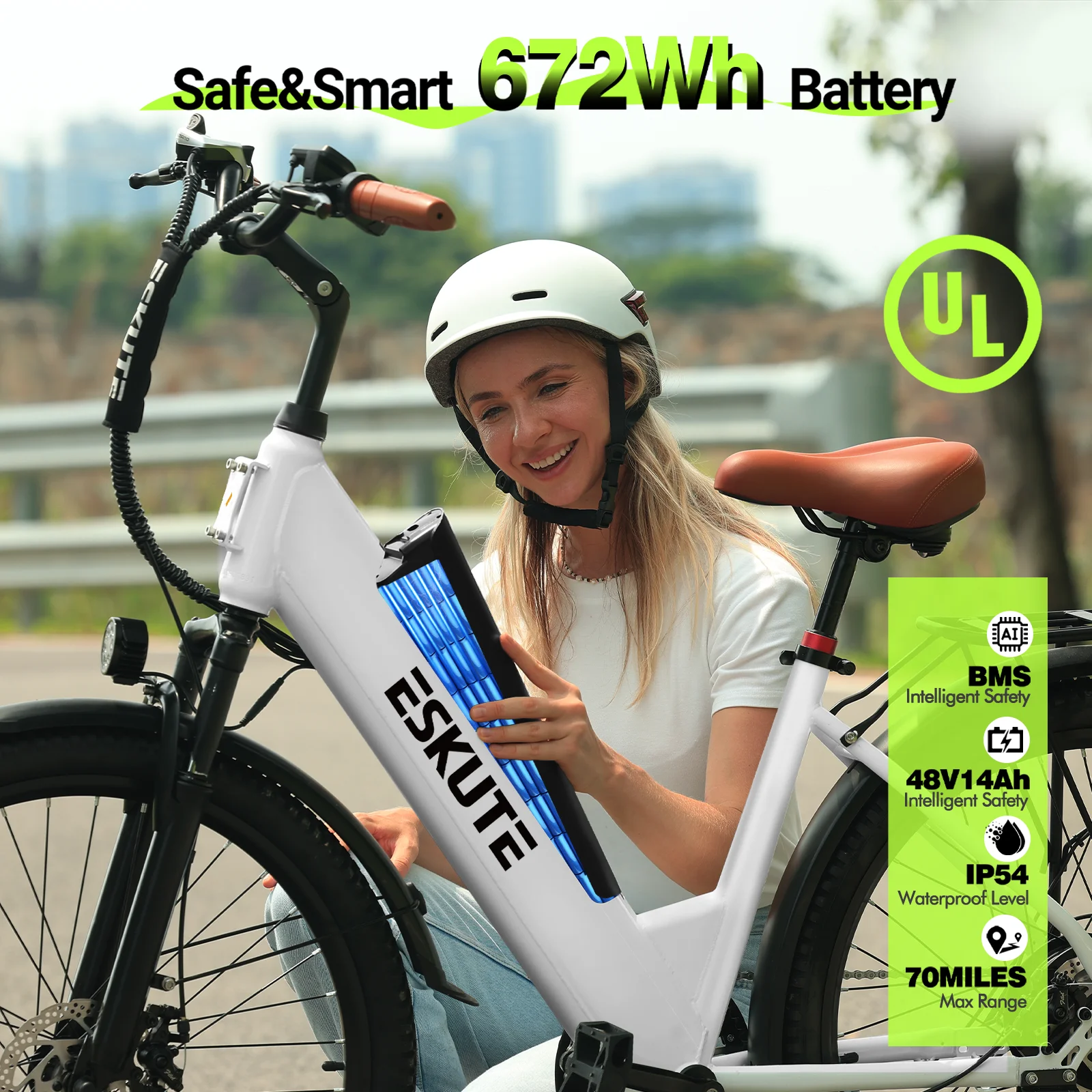 ESKUTE White Electric Bike for Adults - Peak 1500W Brushless Motor, 19MPH, 500W Motor 48v14ah Removable Battery, 26