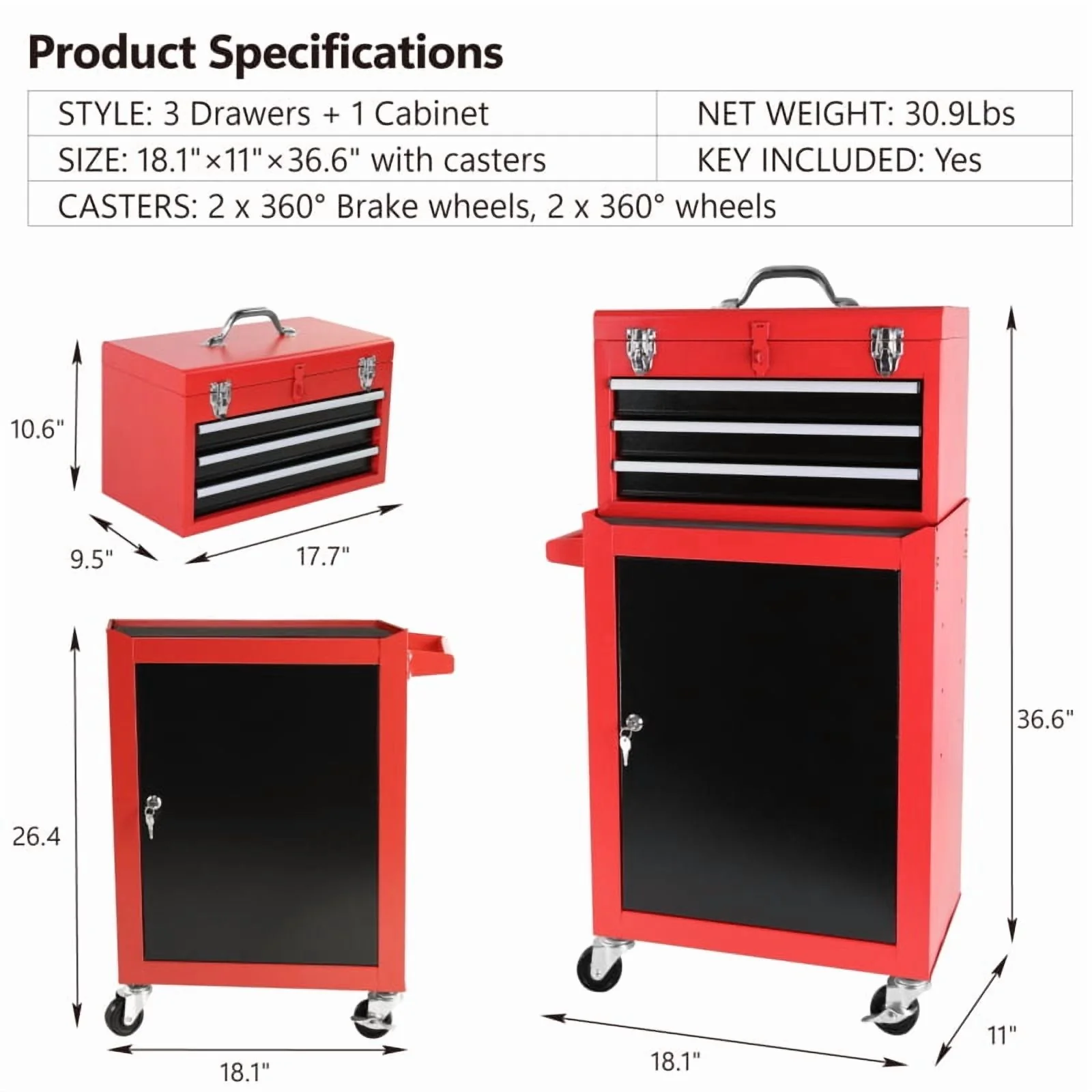 3-Drawer Rolling Tool Chest with Wheels �C Heavy-Duty Storage Cabinet, Locking System, and Adjustable Shelf for Garage and Warehouse