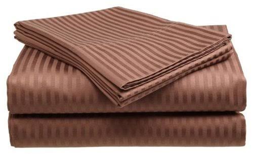 Crystal Trading 4-Piece Bed Sheet Set - Dobby Stripe - 100% Cotton Sateen - 400 Thread Count (Coffee, Queen)
