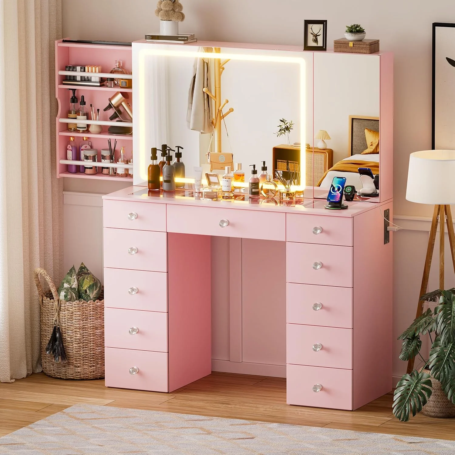 Vanity Set with Lighted Mirror, Large Vanity Desk with Charging Station, Makeup Vanity Table with 11 Drawers Hidden Sliding Storage Cabinet Visible Glass Tabletop for Bedroom (White)(Pink) - Image 8