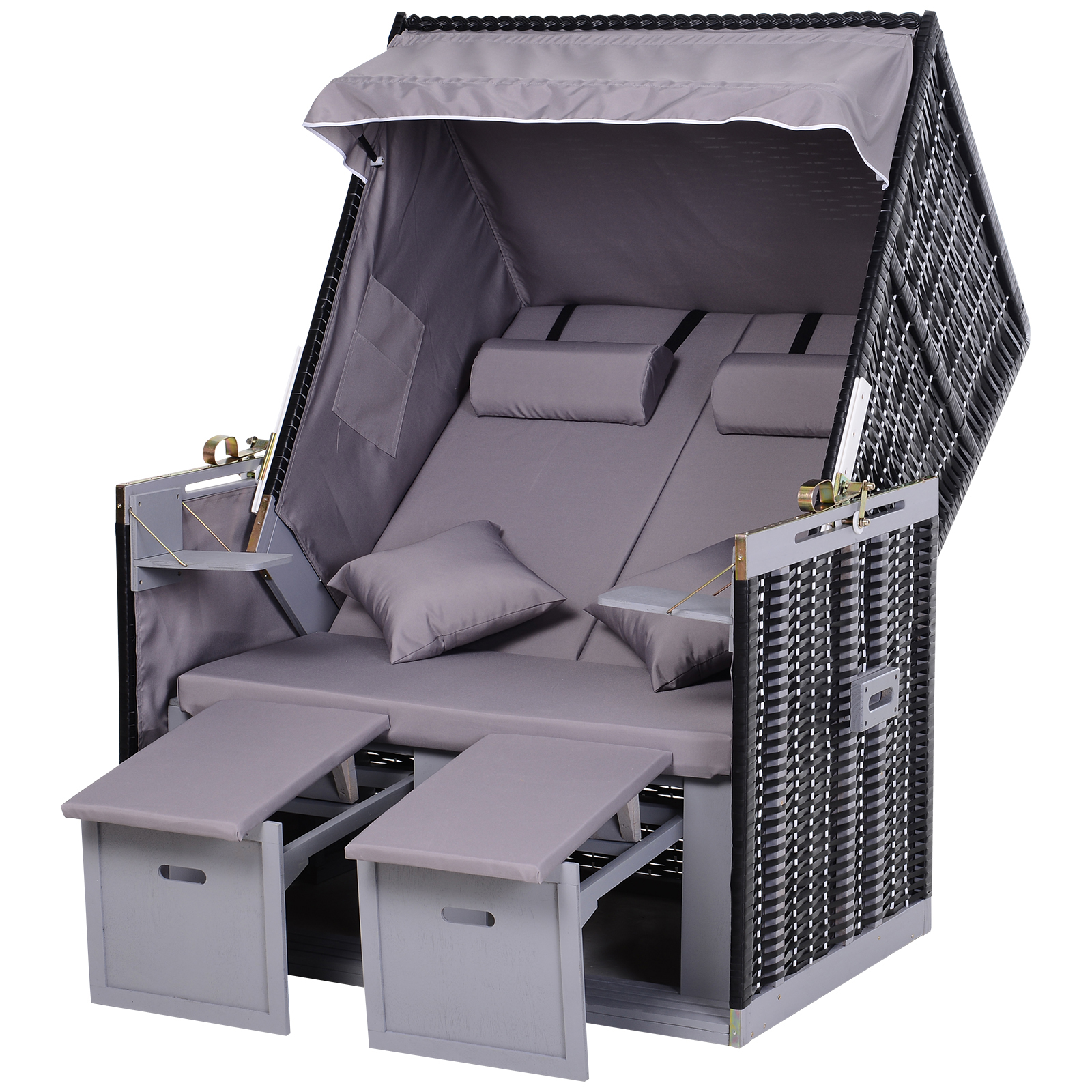 Strandstoel dubbele ligstoel met beschermhoes voor bekerhouders PE rotan grijs