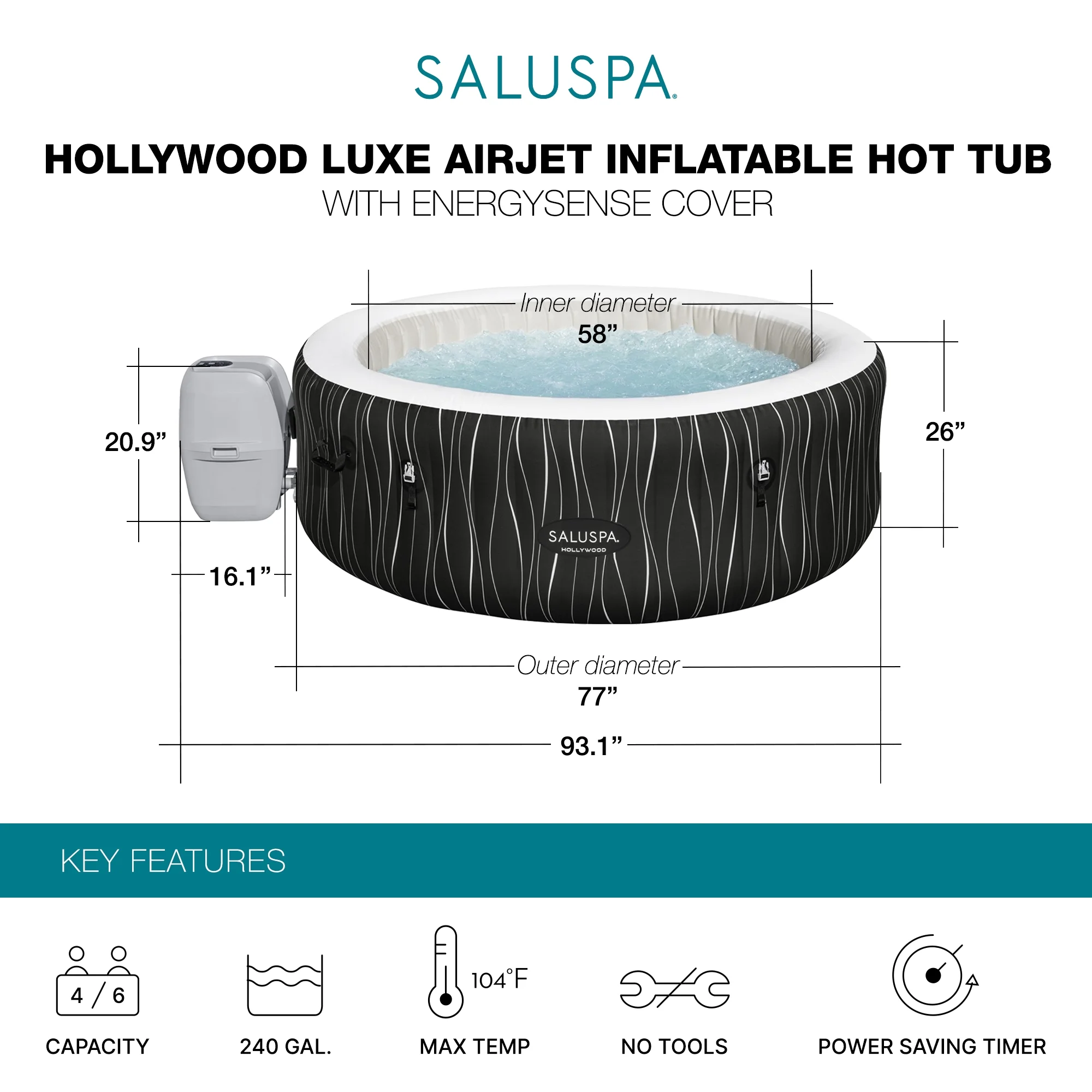 SaluSpa Hollywood Luxe AirJet Inflatable Hot Tub w/ Pump #P08411(Black Print) - Image 2